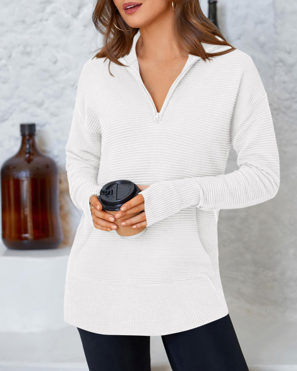 BTFBM Sweaters for Women Fall Clothes Pocket Quarter Zip Pullover V Neck Long Sleeve Knit Trendy Winter Sweater