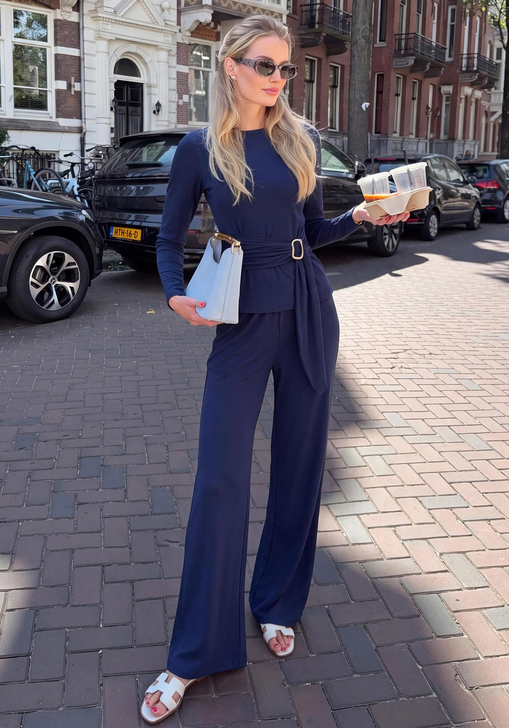 BTFBM 2 Piece Sets For Women Fall Outfits Lounge Set Business Long Sleeve,Adjustable Belted Tops,Knit,Lightweight,Wide Leg Pants,Fall Clothes,Airport Outfits,Travel Outfits,Tracksuits
