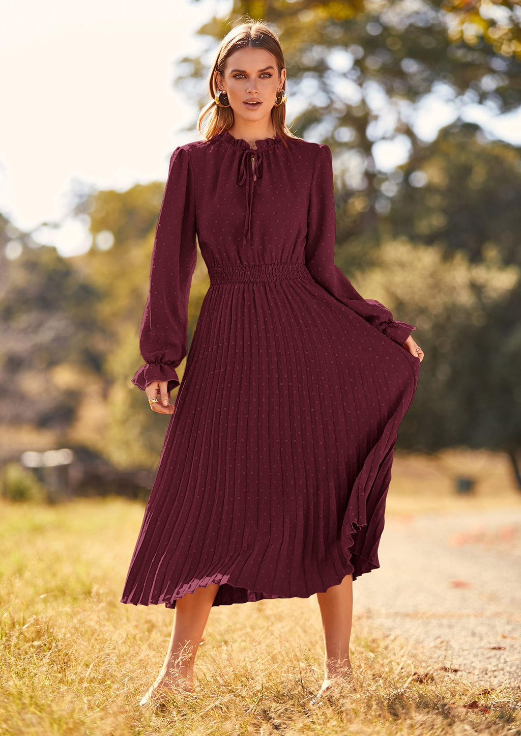 PRETTYGARDEN Women's Spring Fall Midi Dress Casual Long Sleeve V Neck Swiss Dot Pleated A Line Flowy Dresses