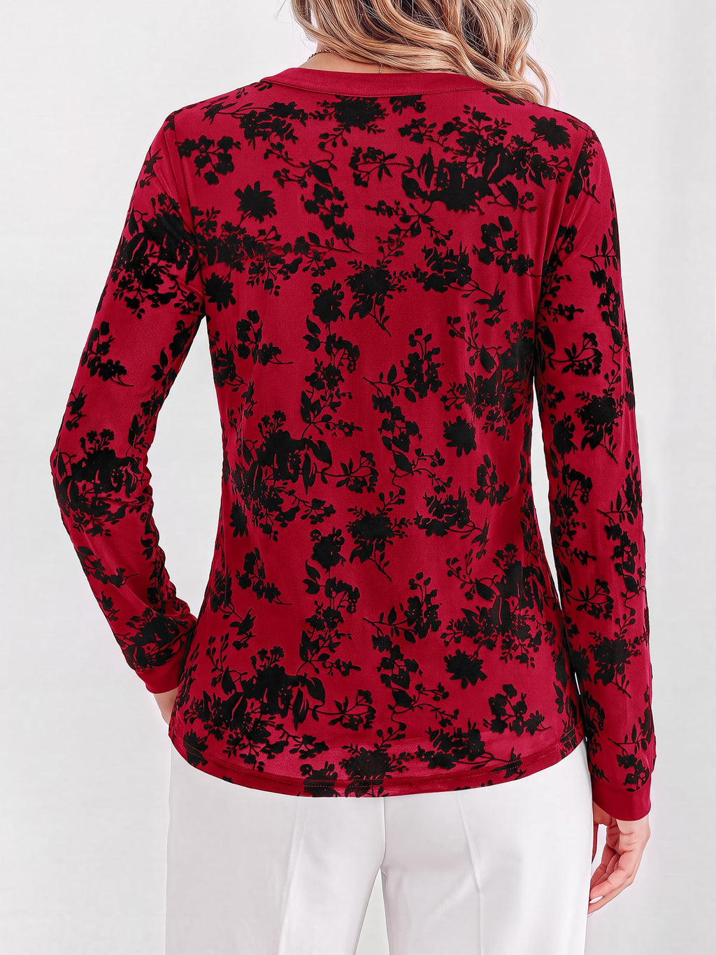 BTFBM Womens Tops Floral Sheer Mesh Long Sleeve Blouses Dressy Casual V Neck Flocked Mesh Shirts,Velvet-Like Flowers,Double Layered,Loose Fit Tunics,Business Casual Top,Fall Fashion Clothing