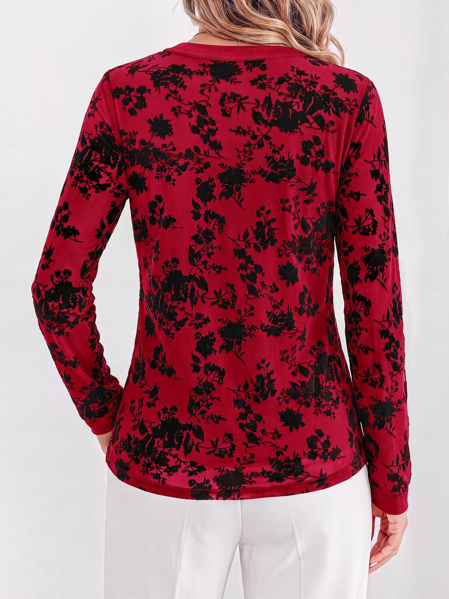 BTFBM Womens Tops Floral Sheer Mesh Long Sleeve Blouses Dressy Casual V Neck Flocked Mesh Shirts,Velvet-Like Flowers,Double Layered,Loose Fit Tunics,Business Casual Top,Fall Fashion Clothing