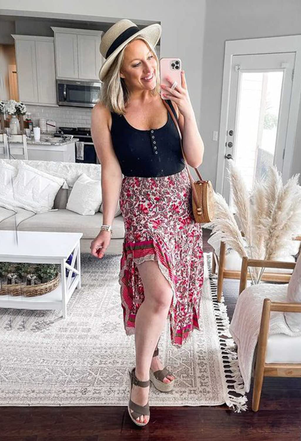 FreshPretty Women Summer Fall Boho Long Skirts Dress Floral Print Elastic Waist Split Ruffle High Low Beach Maxi Skirt