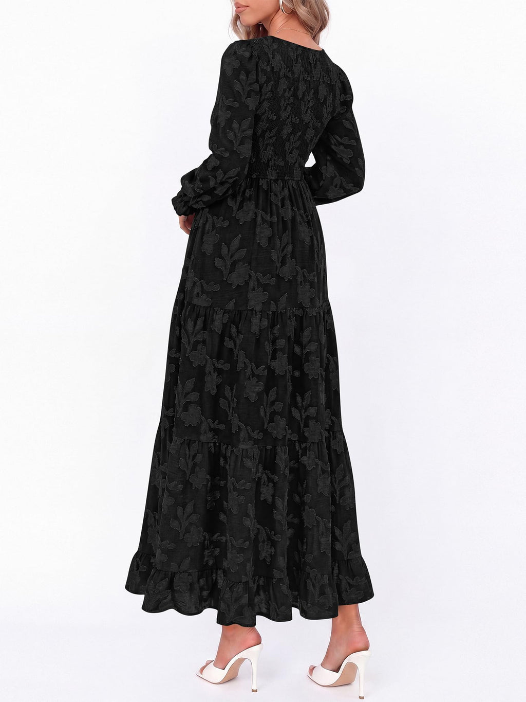 FreshPretty Womens Long Sleeve V Neck Wedding Guest Maxi Dress,Casual Floral Boho Flowy Smocked Long Dresses With Pockets, High Waist, A Line, 2026 Fall Semi Formal Cocktail Party Dress