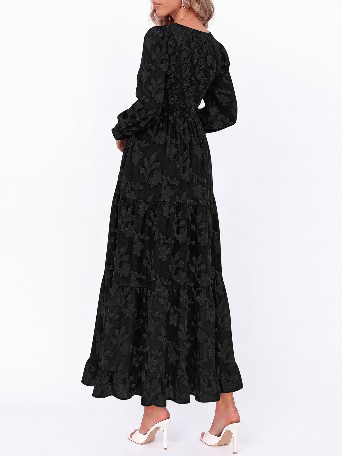 FreshPretty Womens Long Sleeve V Neck Wedding Guest Maxi Dress,Casual Floral Boho Flowy Smocked Long Dresses With Pockets, High Waist, A Line, 2026 Fall Semi Formal Cocktail Party Dress