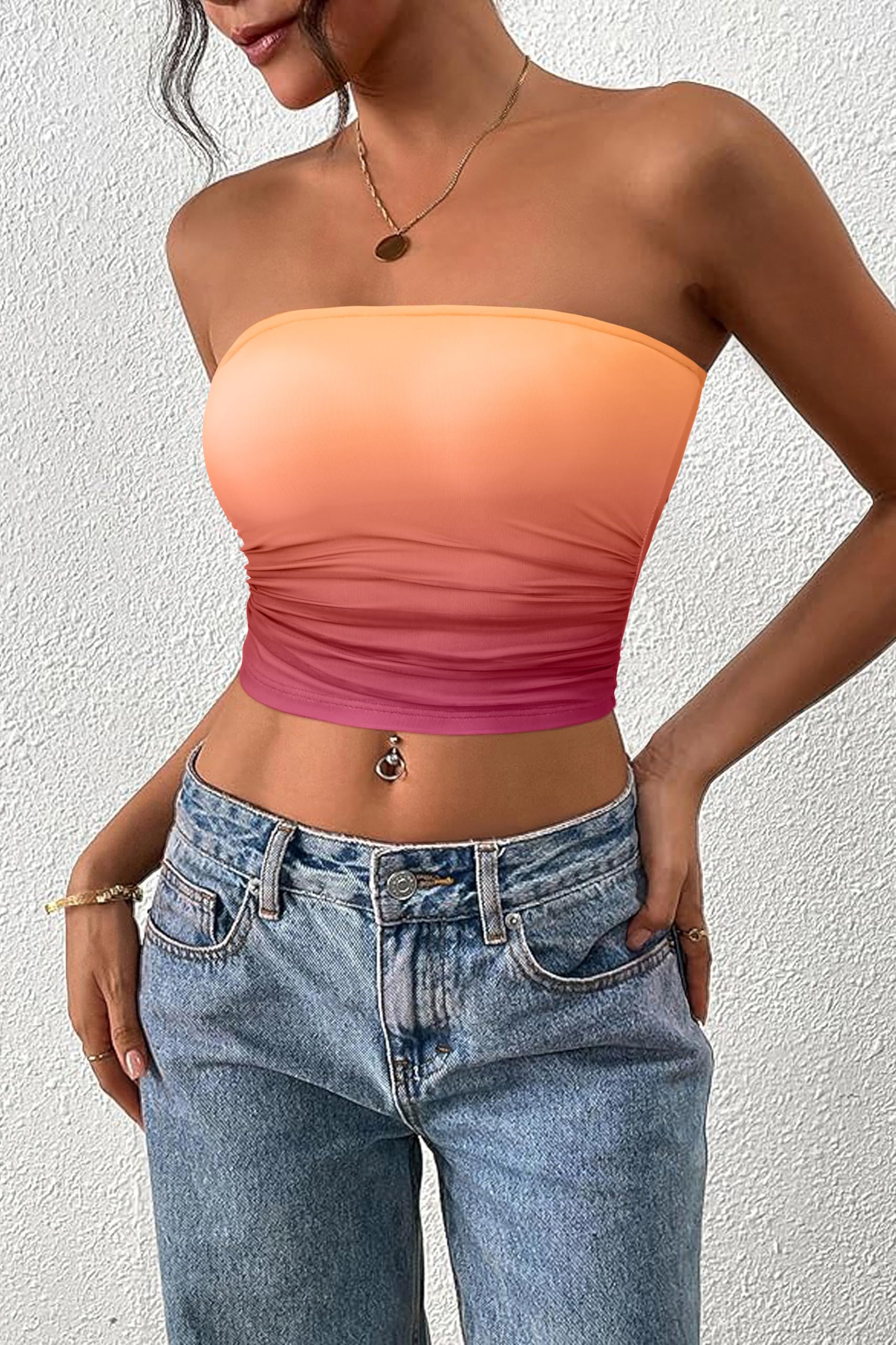 FreshPretty Womens Fashion Summer Floral Mesh Tube Top Ruched Going Out Bandeau Sleeveless Strapless Crop Tops Y2k Clothes