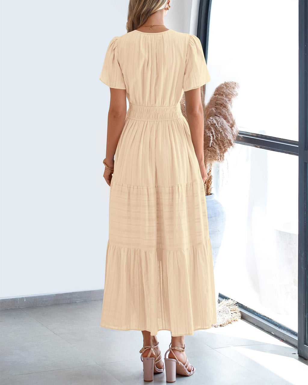 BTFBM Womens Summer Casual Midi Maxi Dresses Lightweight Short Sleeve V Neck Elastic Waist Boho Beach Dress Pockets