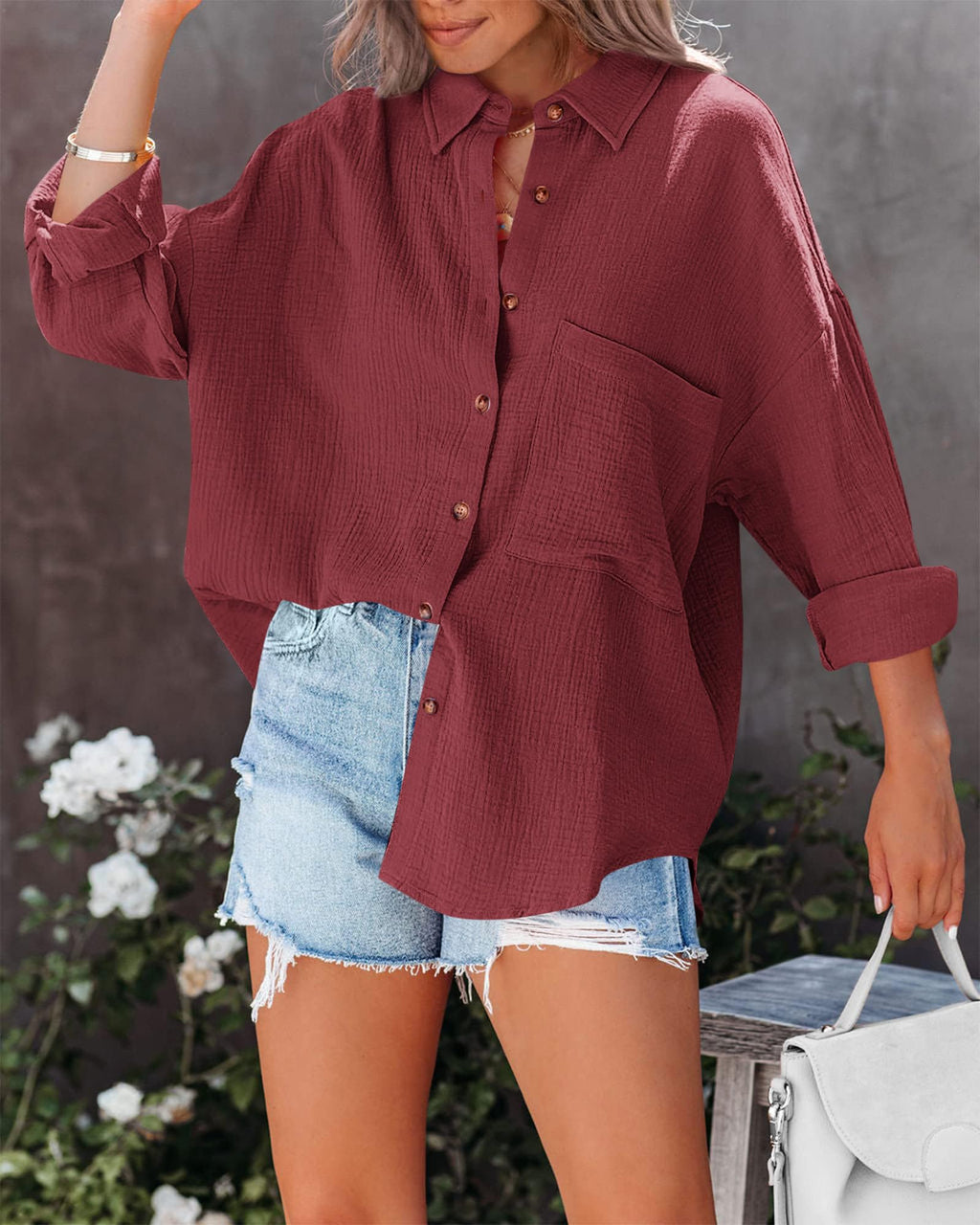FreshPretty Casual Shirts for Women Long Sleeve Button Down Blouses Fall Solid Color Trendy Tops with Pocket