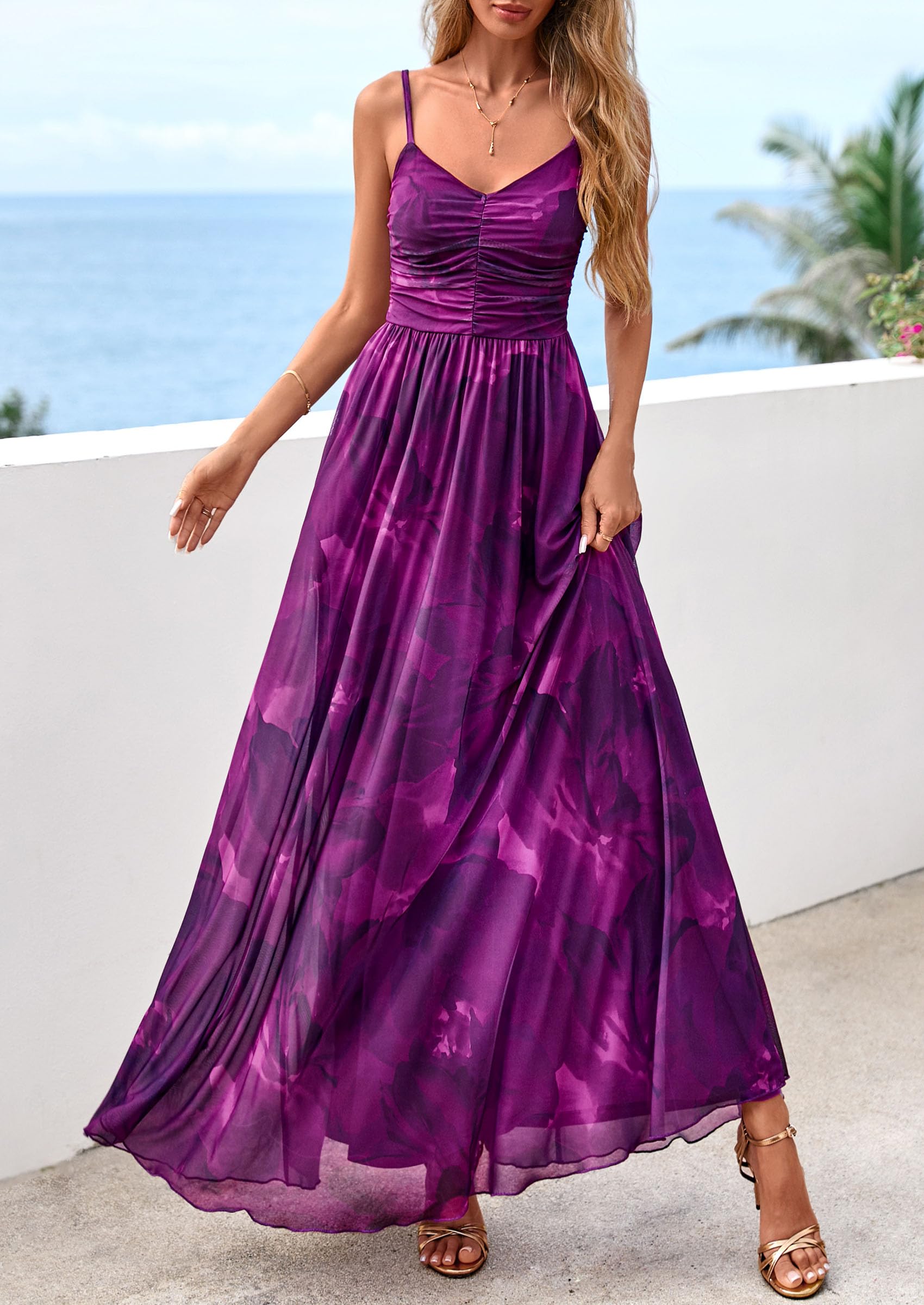 PRETTYGARDEN Women Summer Floral Maxi Dress Spirng Spaghetti Strap Mesh Boho Sundress Party Beach Vacation Long Dresses