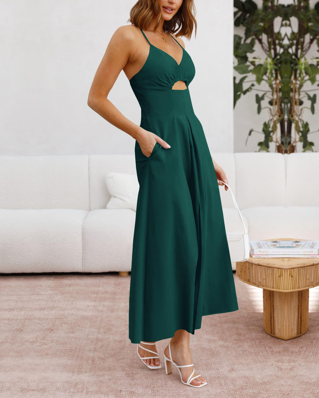 BTFBM Women Spaghetti Strap Midi Summer Dresses Sleeveless V Neck Cutout Slit Casual Beach Party Maxi Dress Pockets