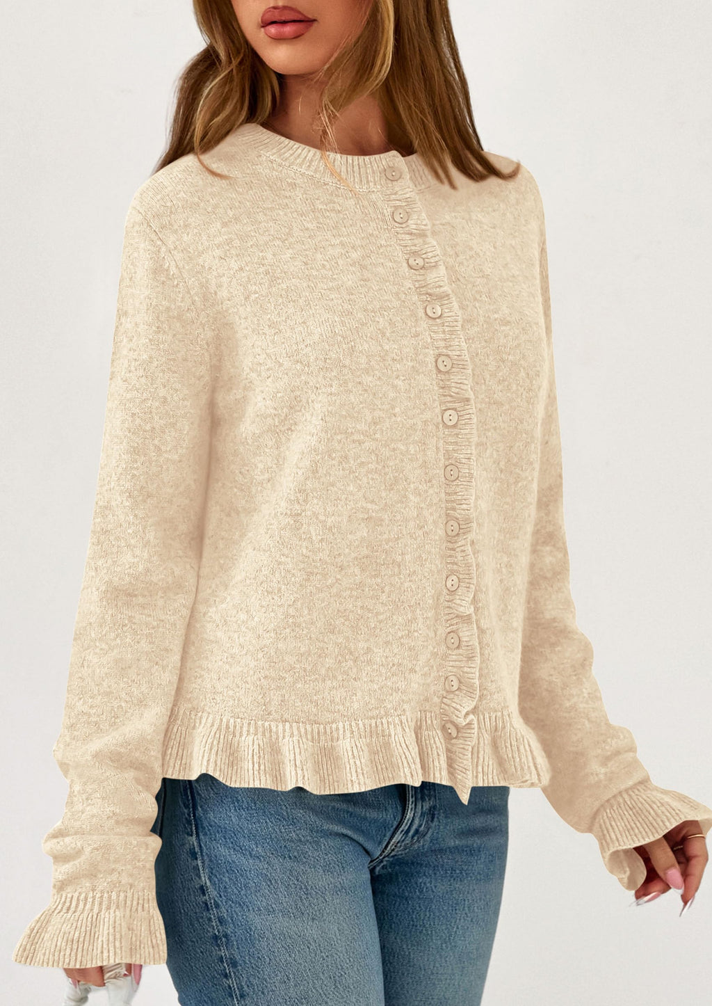 PRETTYGARDEN Womens Fall Button Down Cardigans Chunky Knit Ruffle Open Front Cropped Cardigan Sweaters Soft Long Sleeve Tops