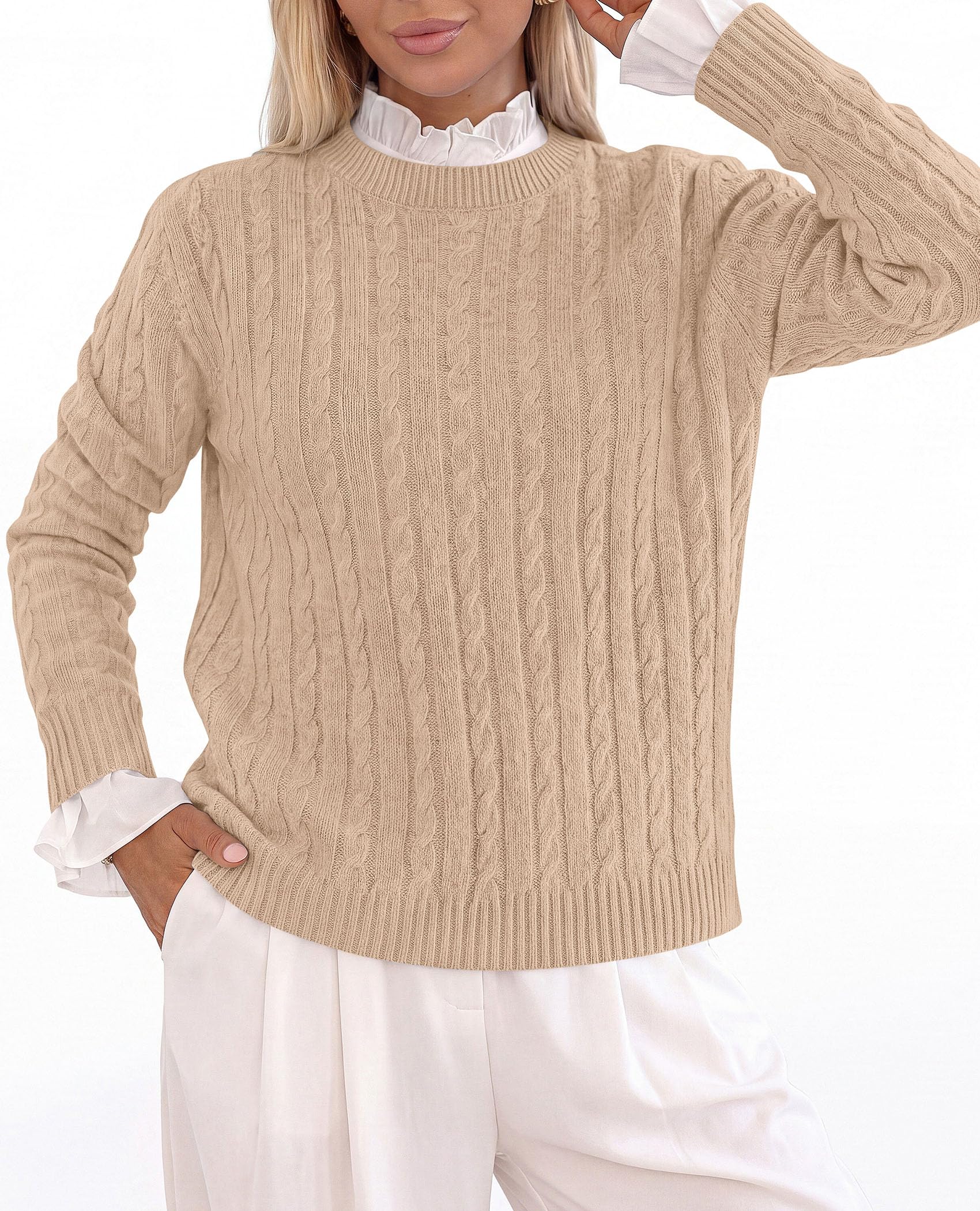 PRETTYGARDEN Women's Cable Knit Sweaters Long Sleeve Pullover Fall Outfits Soft Cozy Knit Tops, Ribbed Crewneck Regular Fit, Basic Daily, Work Business Casual, Teacher Outfits, Winter Layer Clothing