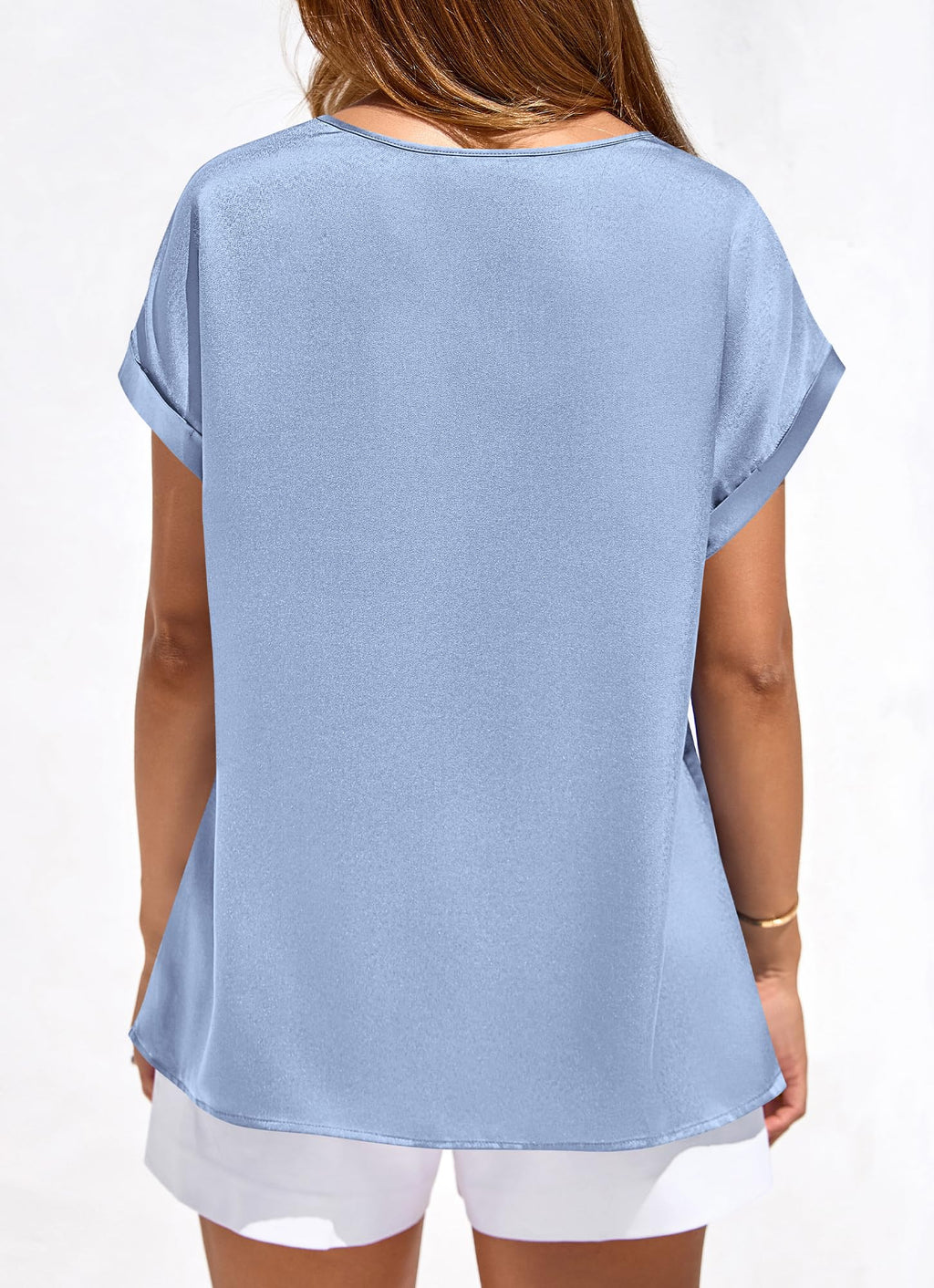 FreshPretty Womens Summer Tops Satin Silk Crewneck Short Sleeve Shirts Work Business Outfits Spring Blouses Dressy Casual