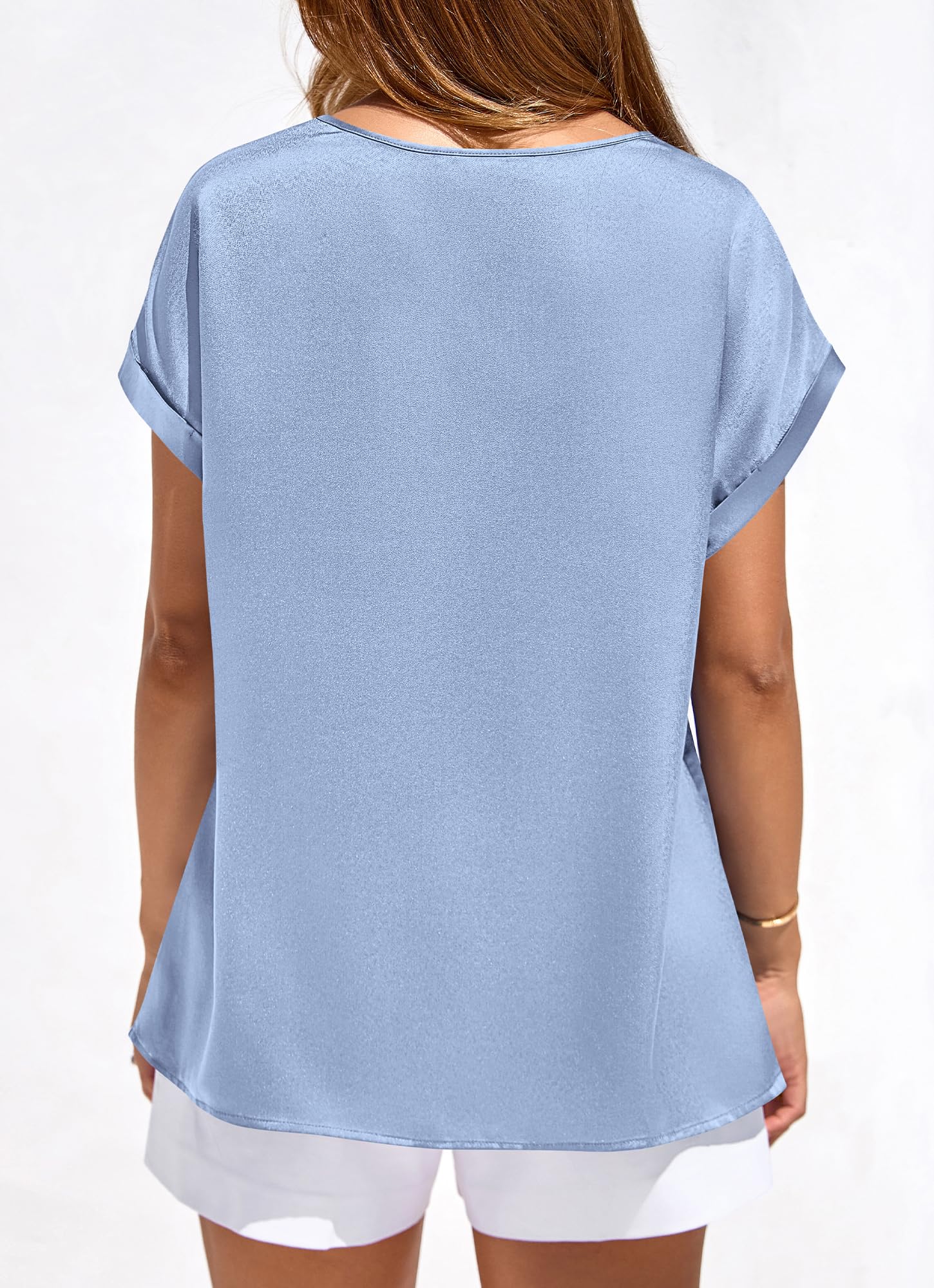 FreshPretty Womens Summer Tops Satin Silk Crewneck Short Sleeve Shirts Work Business Outfits Spring Blouses Dressy Casual