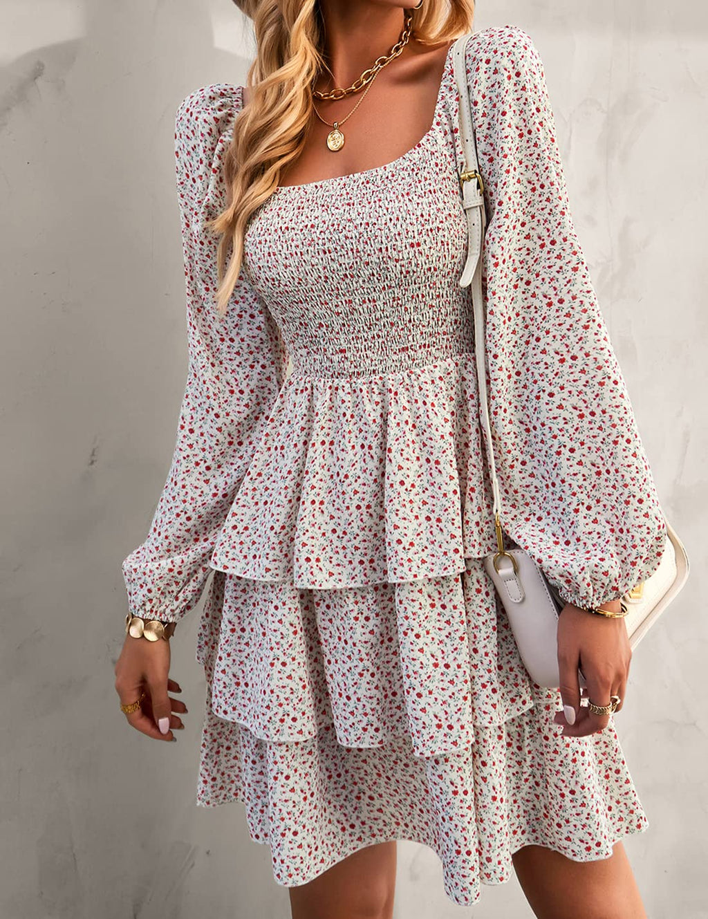 FreshPrettyWomen Square Neck Smocked Dresses Summer Spring Long Sleeve Floral Swiss Dot Mini Boho Wedding Guest Dress