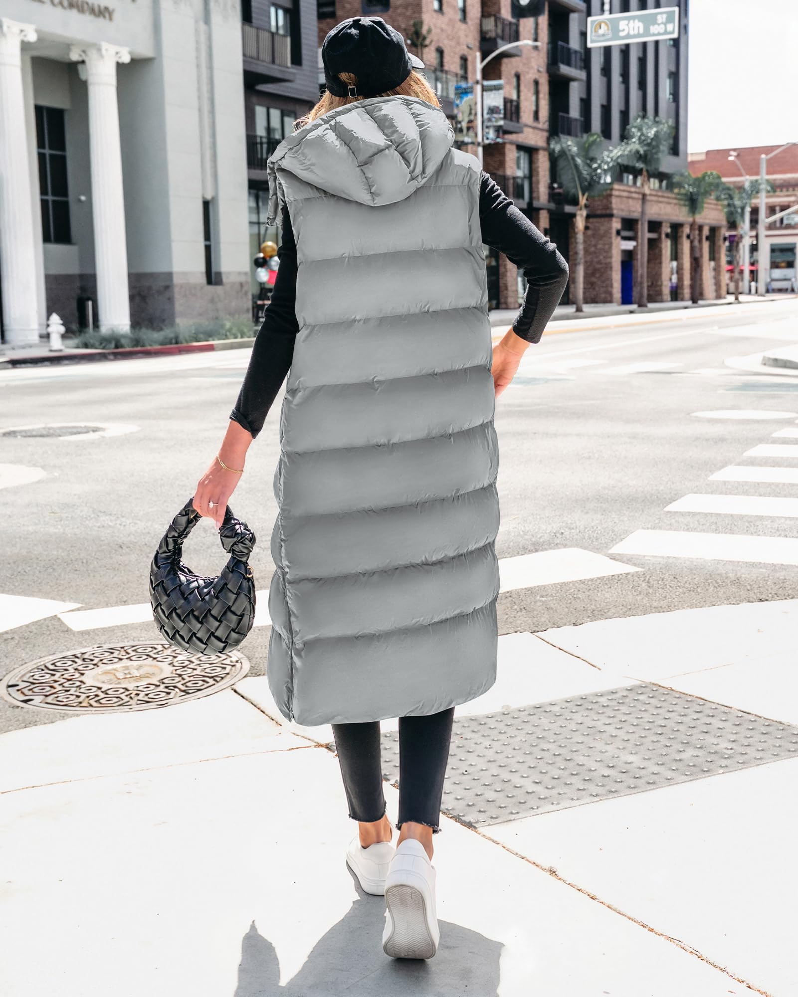BTFBM Long Puffer Vest Women Quilted Hooded Button Down Zip Up Sleeveless Vests Outerwear Padded Jacket Fall Winter Coat