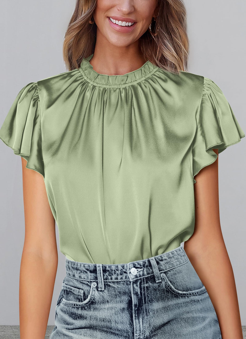 PRETTYGARDEN Business Casual Tops for Women Blouses Dressy  Summer Short Sleeve Ruffle Satin Work Office Attire