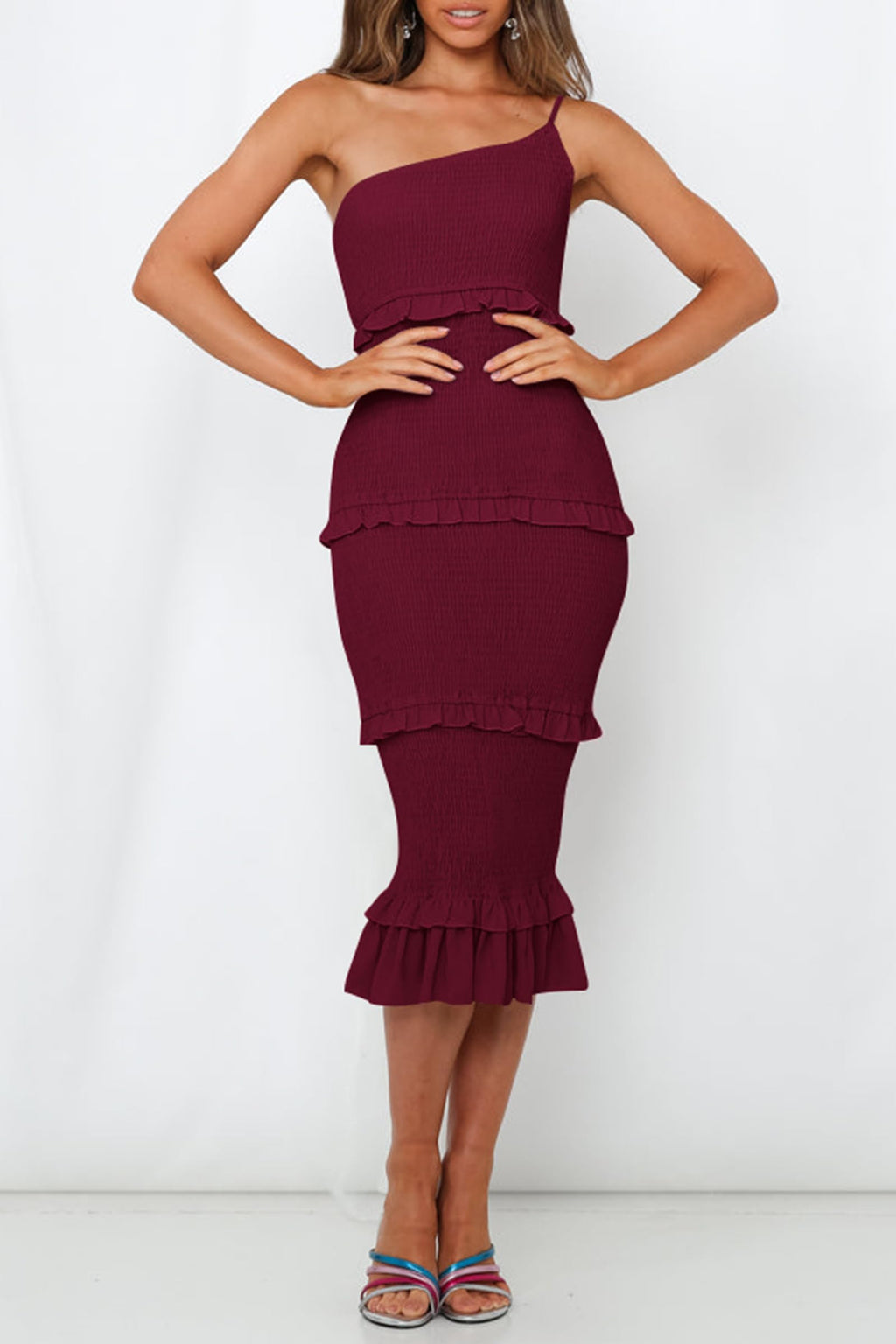 PRETTYGARDEN Women's Summer Midi Bodycon Dresses One Shoulder Strappy Tiered Ruffle Floral Boho Sun Dress