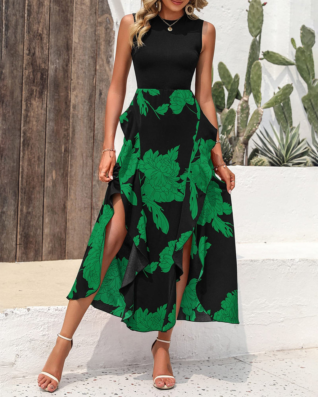 FreshPretty Women Casual Sleeveless Summer Dresses Spring Crewneck Patchwork Boho Floral Ruffle Cocktail Party Midi Dress