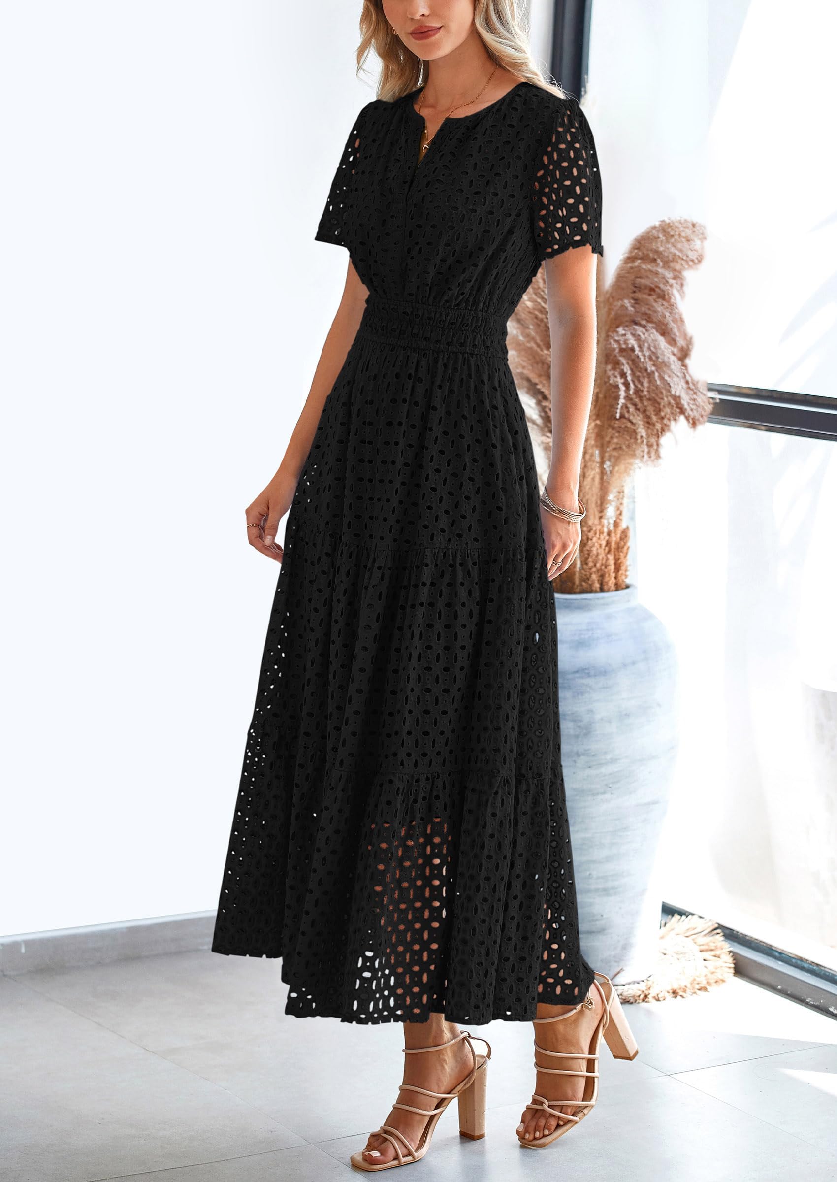 PRETTYGARDEN Womens Summer Maxi Dress Short Sleeve V Neck Hollow Out Eyelet A Line Long Flowy Beach Vacation Dresses
