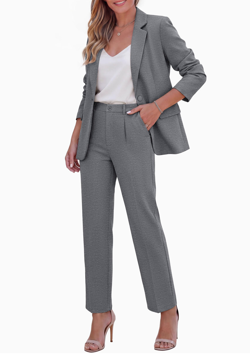 PRETTYGARDEN Two Piece Sets for Women Dressy Pant Suits Lapel Blazer,Straight Leg Dress Pants,Professional Interview Suit Set,Business Casual Outfits,Office Work Clothes,Fall Winter