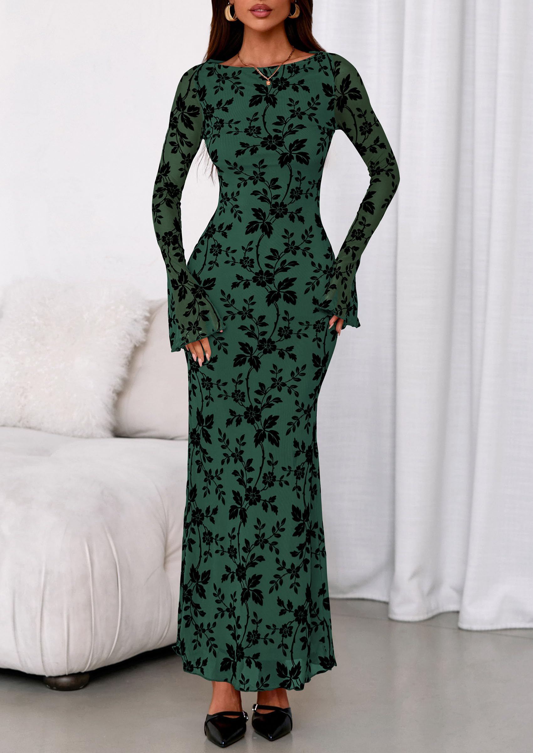 PRETTYGARDEN Women's Floral Bodycon Maxi Dress Fall Elegant Mesh Long Sleeve Formal Wedding Guest Cocktail Dresses
