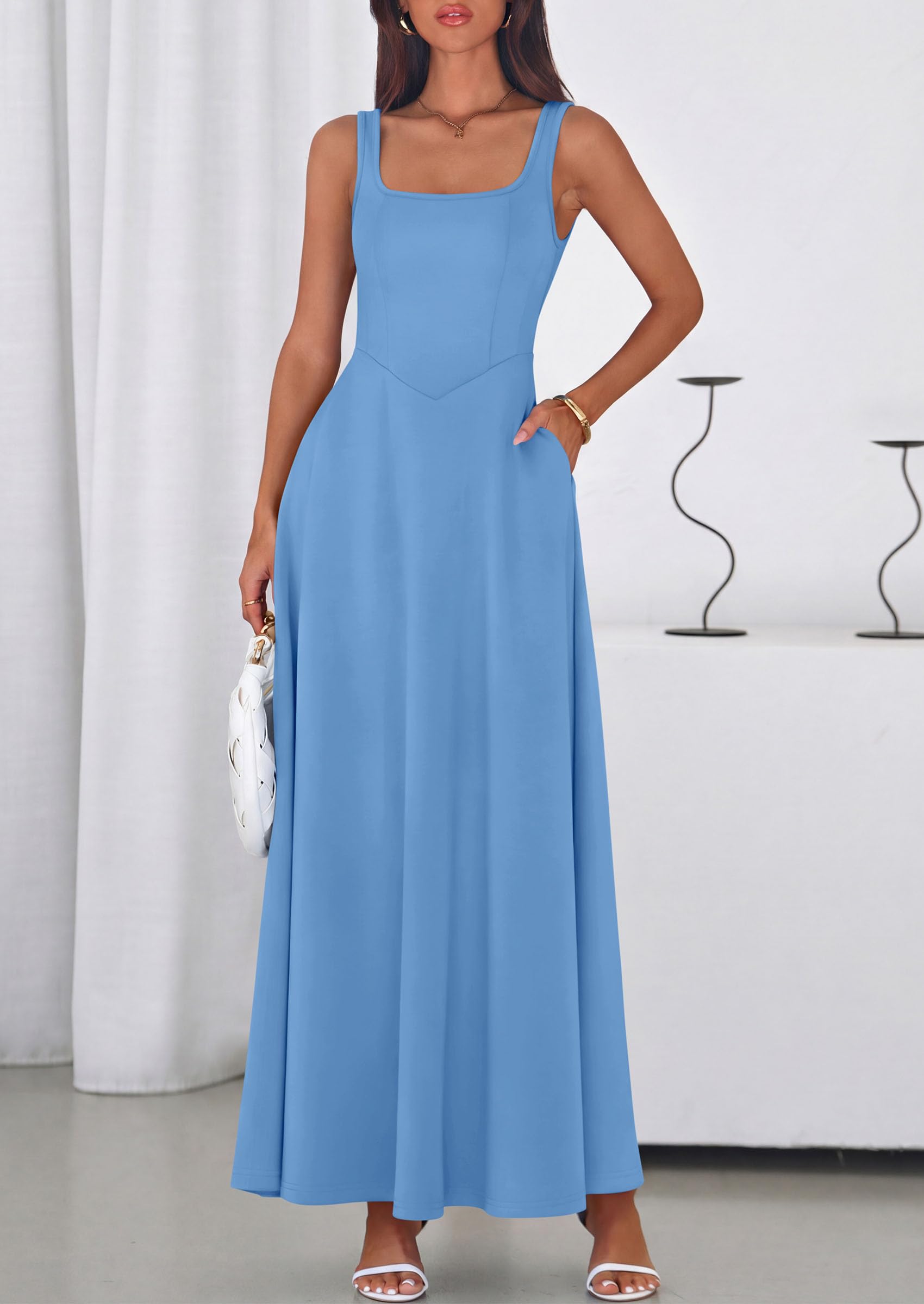 PRETTYGARDEN Womens Summer Dresses Sleeveless Elegant Square Neck Aline Swing Maxi Beach Wedding Guest Dress Pockets