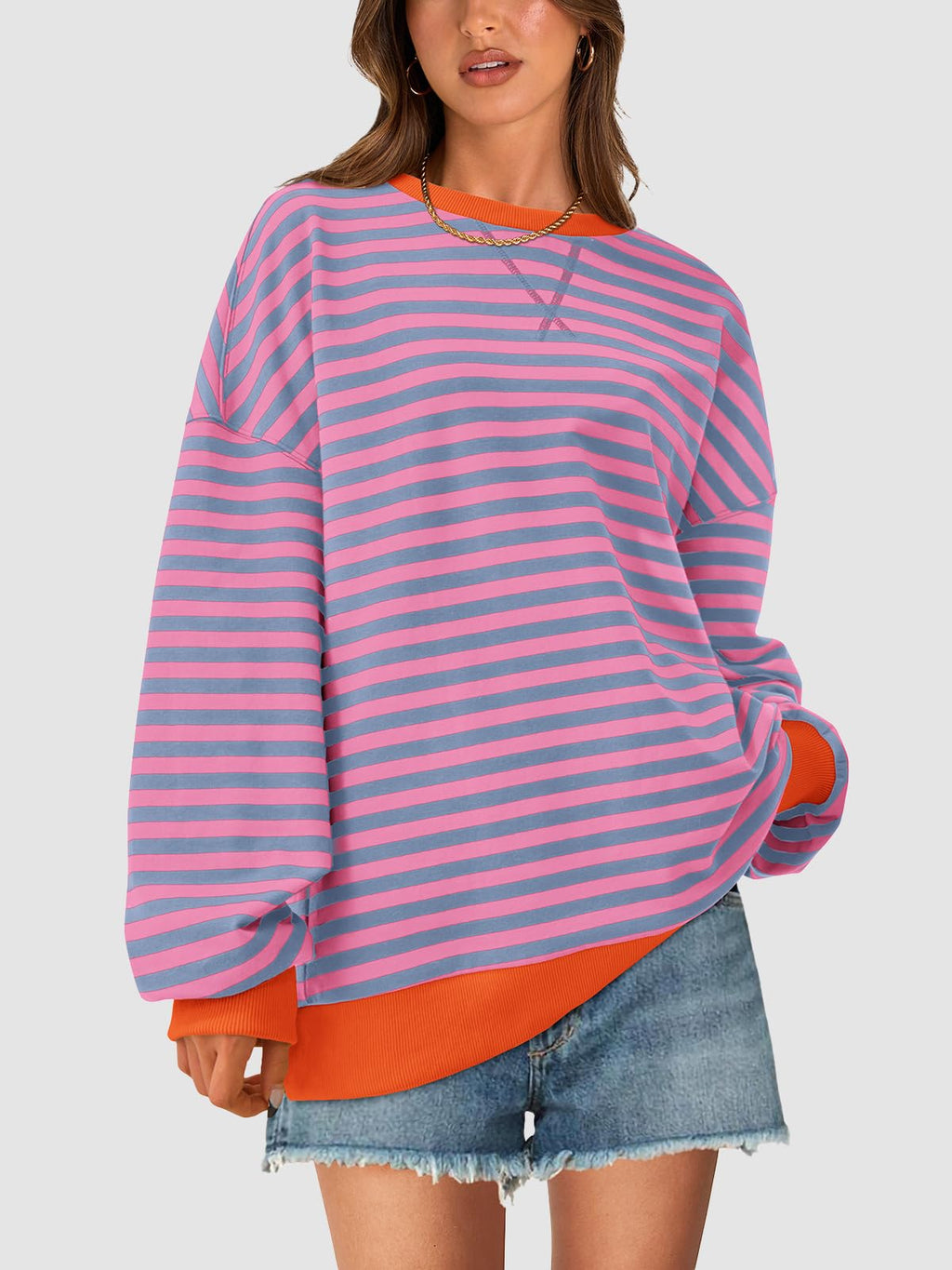 PRETTYGARDEN Womens Striped Oversized Sweatshirt Color Block Crew Neck Long Sleeve Casual Loose Pullover Top Y2K Clothes