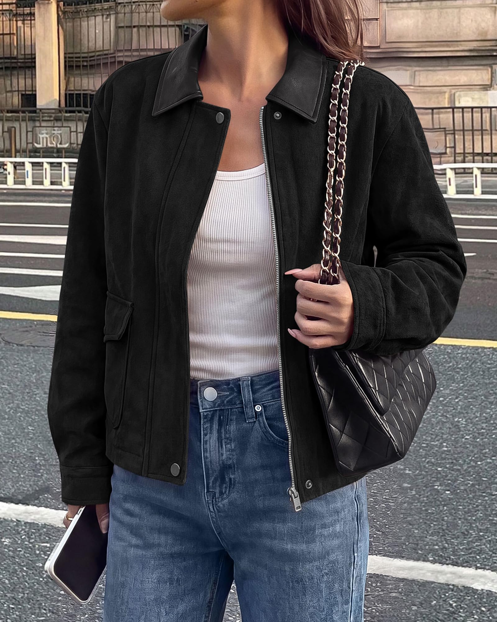 BTFBM Faux Suede Jacket Women Leather Lapel Zip Up Fall Outfits Button Down Long Sleeve Outerwear With Flap Pockets, Early Winter Coats, Motorcycle Jackets, Western Country Concert Outfits