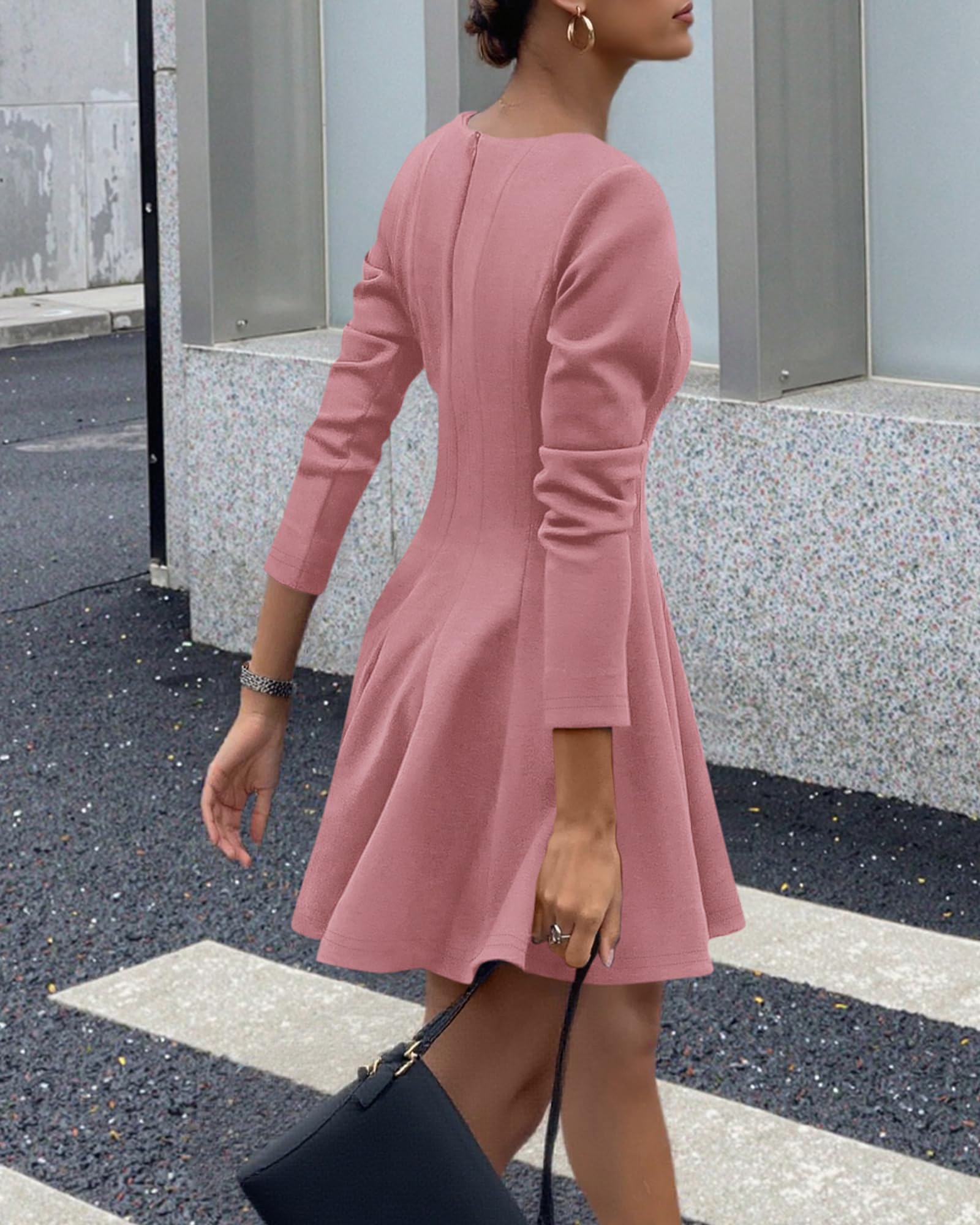 BTFBM Spring Dresses for Women Long Sleeve High Waist Pleated Flowy A Line Party Wedding Guest Dress Business Casual