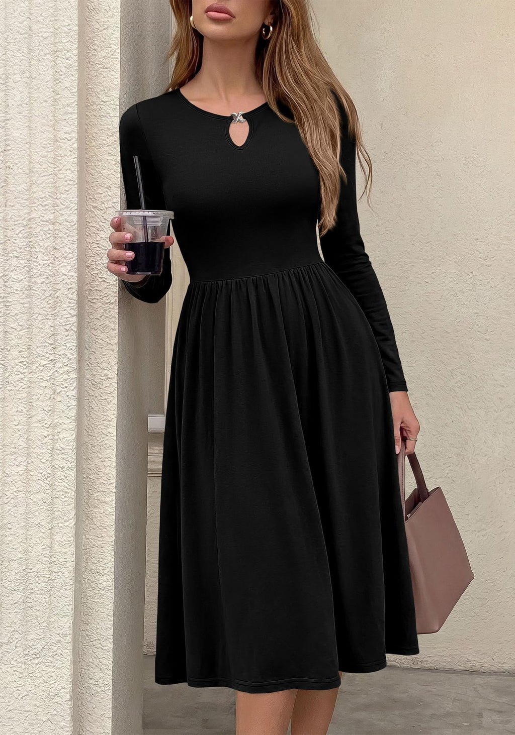 FreshPretty Fall Dresses for Women Midi Empire Waist Long Sleeve Dress,Lightweight Soft Knit,Flowy A Line Keyhole Crewneck Pleated Business Casual Teacher Outfits,Dressy Wedding Daily With Pockets