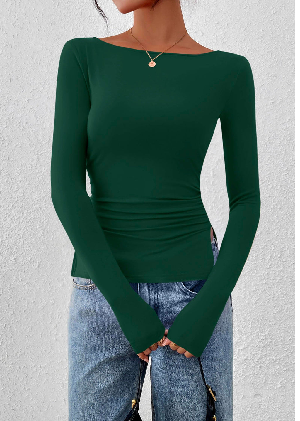 FreshPretty Long Sleeve Shirts for Women Fall Casual Boat Neck Knit Workout Going Out Tops Fitted Side Slit Basic Tees