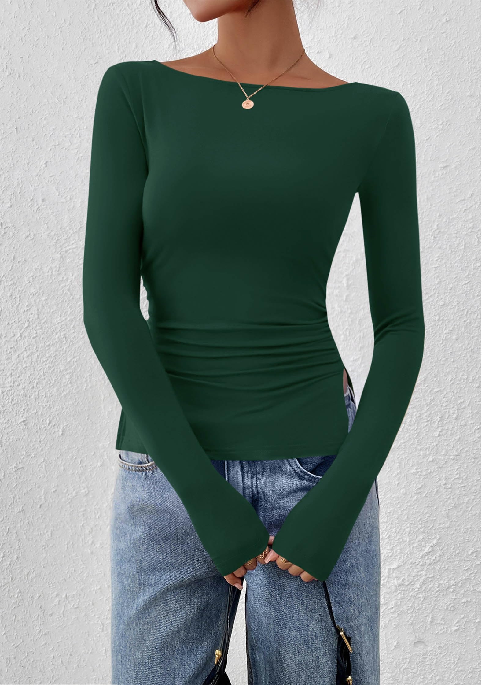 FreshPretty Long Sleeve Shirts for Women Fall Casual Boat Neck Knit Workout Going Out Tops Fitted Side Slit Basic Tees