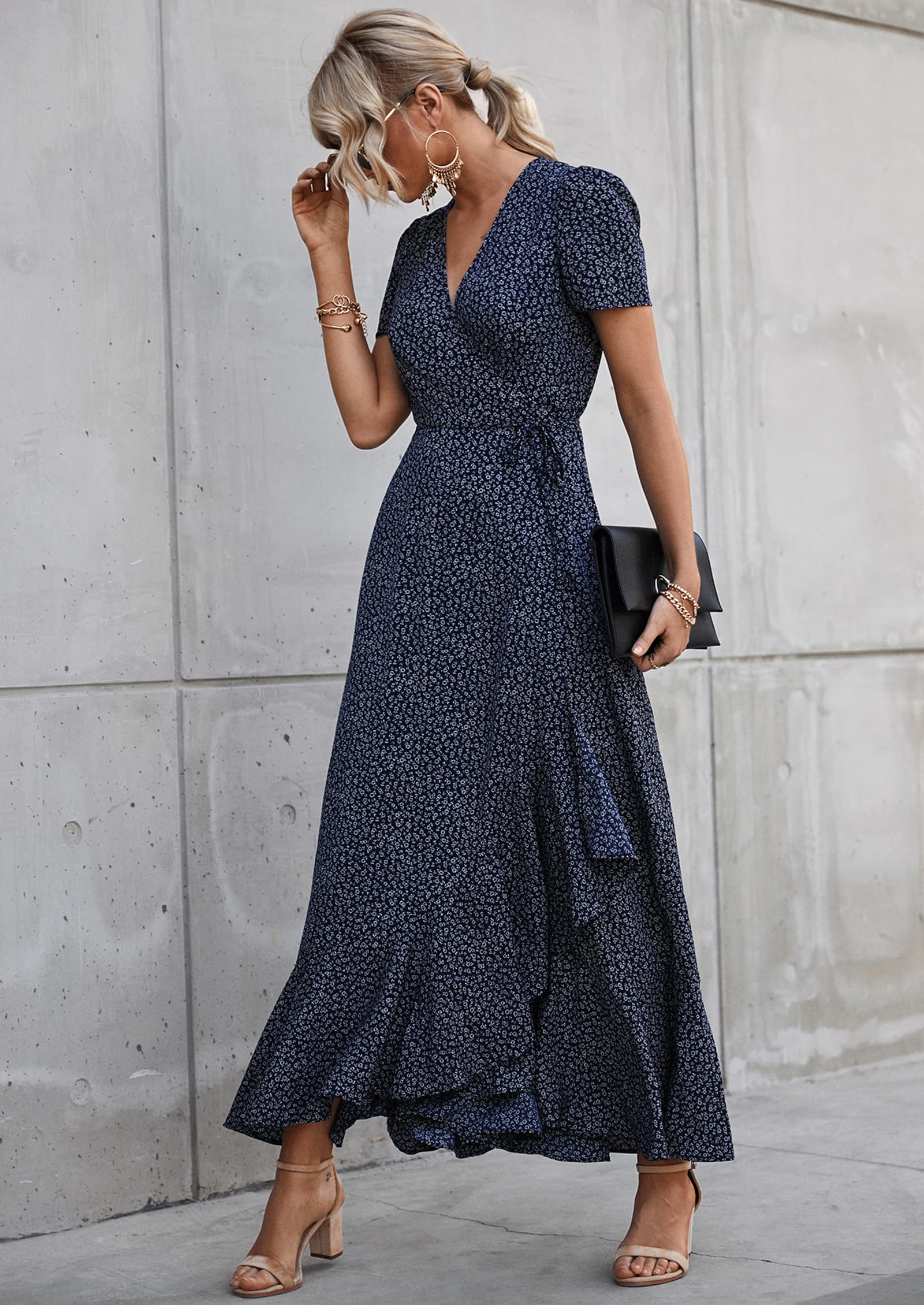 PRETTYGARDEN Women's Summer Maxi Dress Casual Wrap Floral Boho Short Sleeve V Neck Split Ruffle Beach Long Dresses