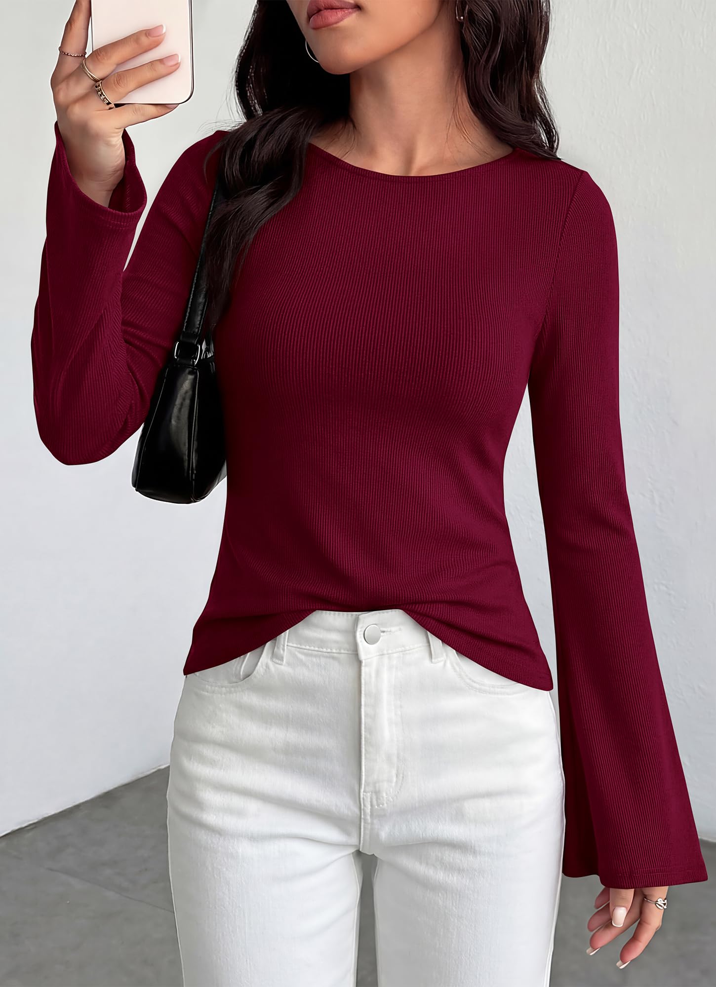 BTFBM Long Sleeve Shirts for Women Spring Y2K Clothes Casual Boat Neck Bell Sleeve Fitted Fall Going Out Tops