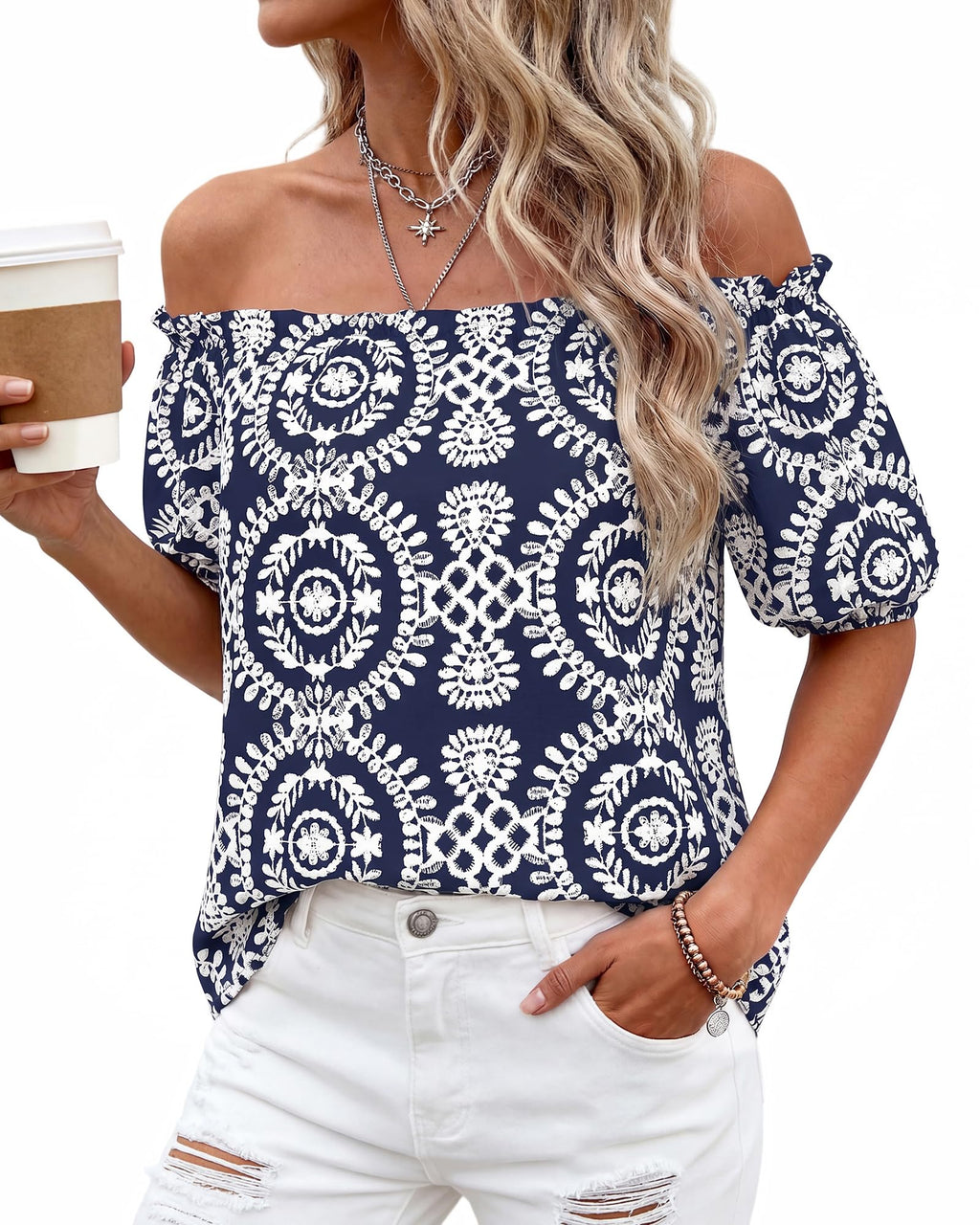 BTFBM Off The Shoulder Spring Tops for Women Summer Blouses Boho Floral Short Sleeve Shirts Dressy Casual Outfits