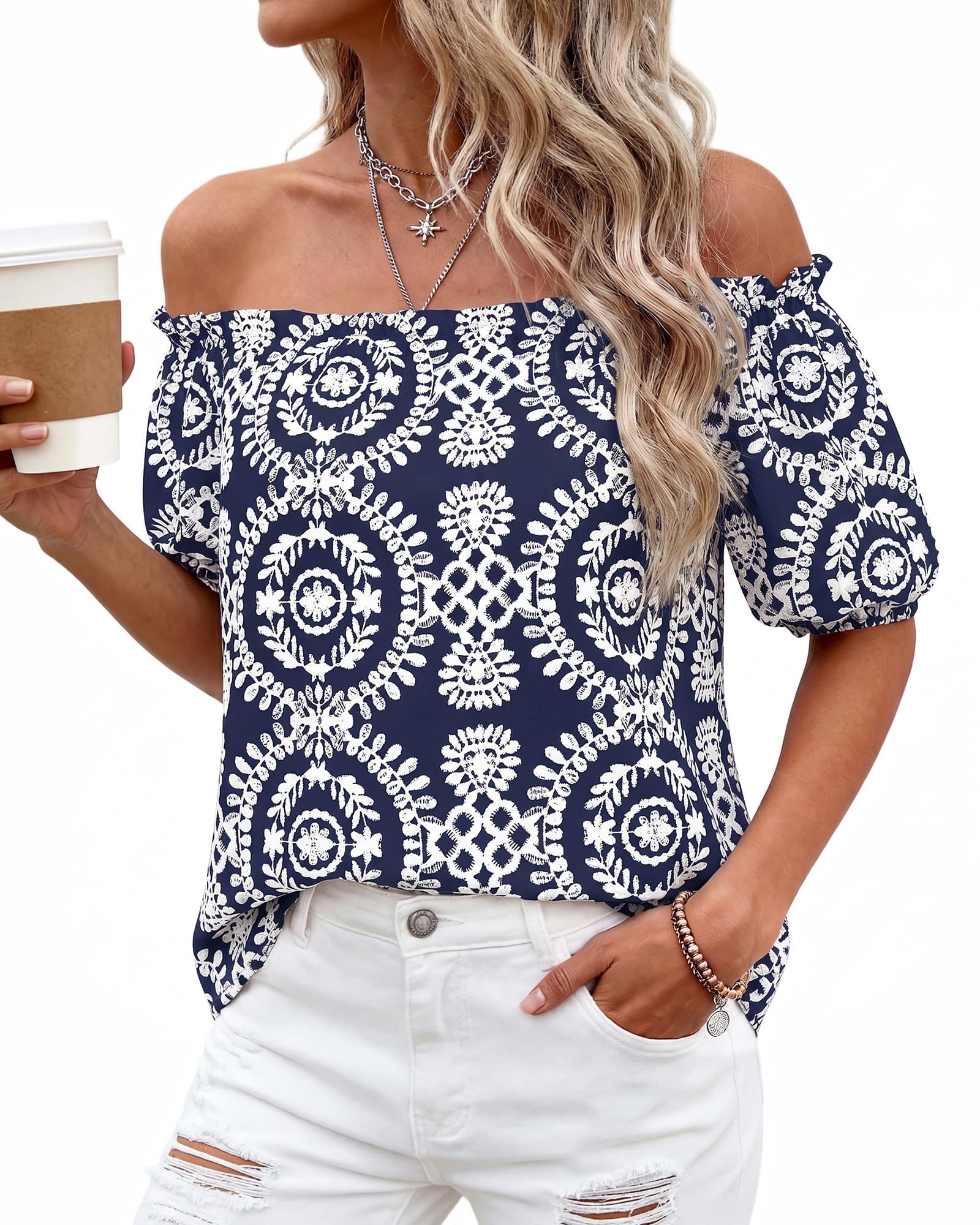 BTFBM Off The Shoulder Spring Tops for Women Summer Blouses Boho Floral Short Sleeve Shirts Dressy Casual Outfits