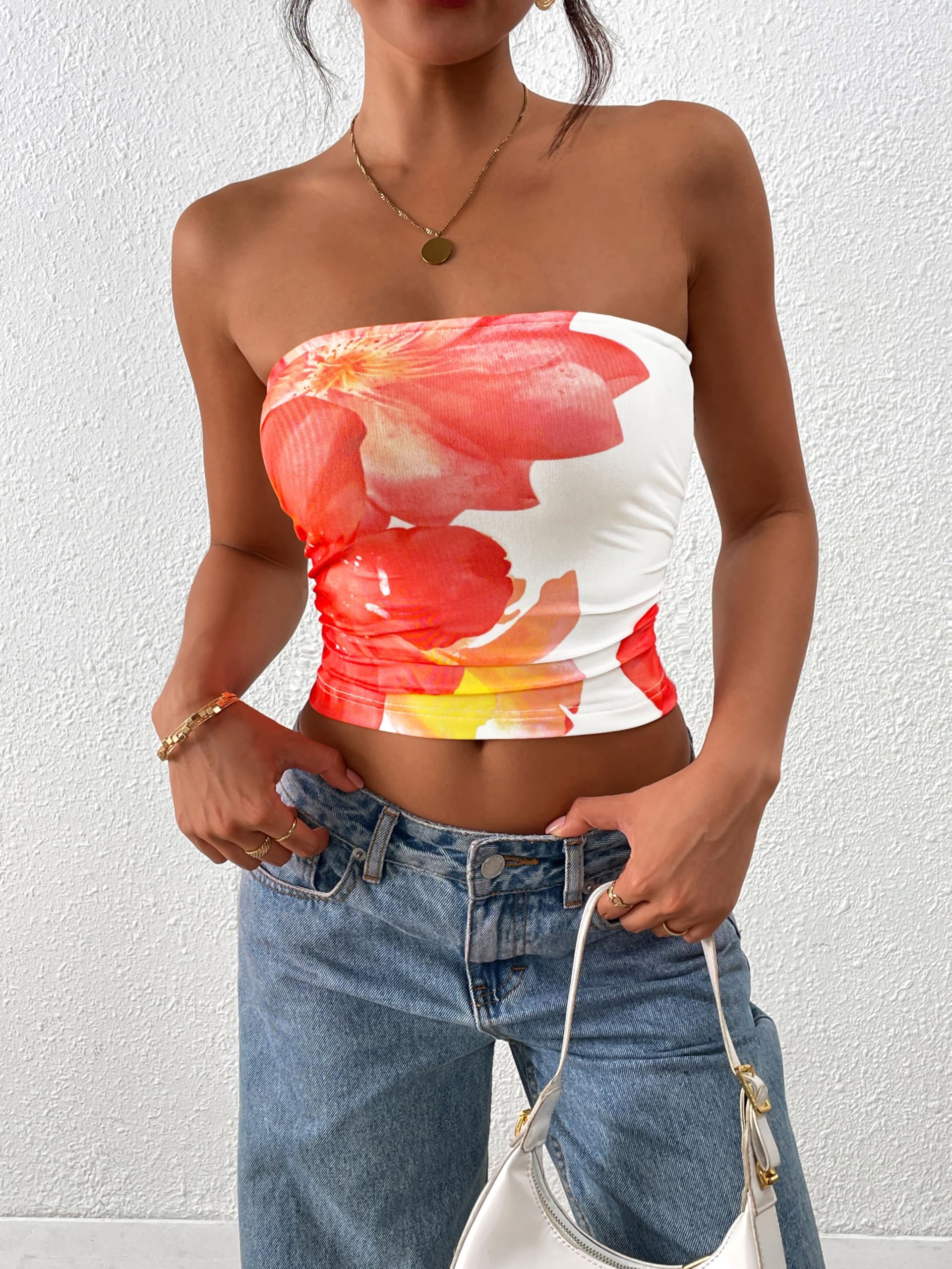 FreshPretty Womens Fashion Summer Floral Mesh Tube Top Ruched Going Out Bandeau Sleeveless Strapless Crop Tops Y2k Clothes