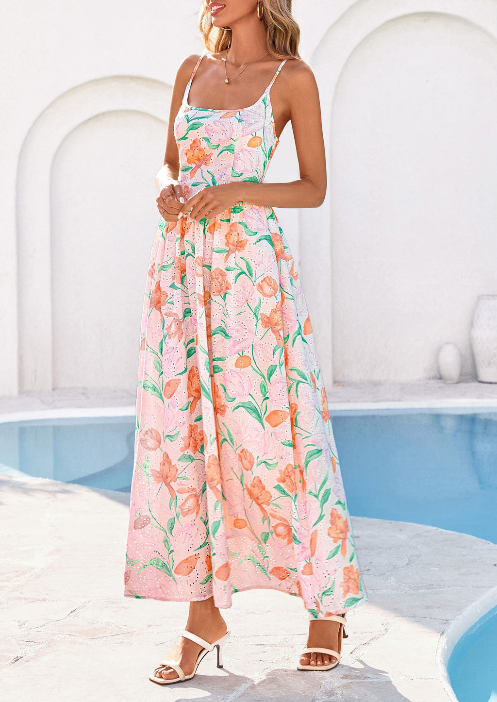 PRETTYGARDEN Womens Spring Boho Maxi Dress Eyelet Floral Long Flowy Sundresses Summer Beach Vacation Clothes