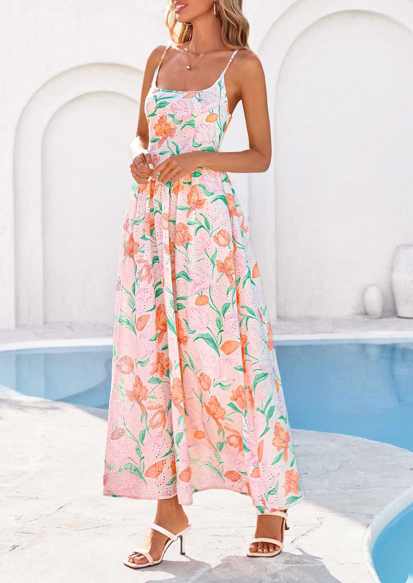 PRETTYGARDEN Womens Spring Boho Maxi Dress Eyelet Floral Long Flowy Sundresses Summer Beach Vacation Clothes
