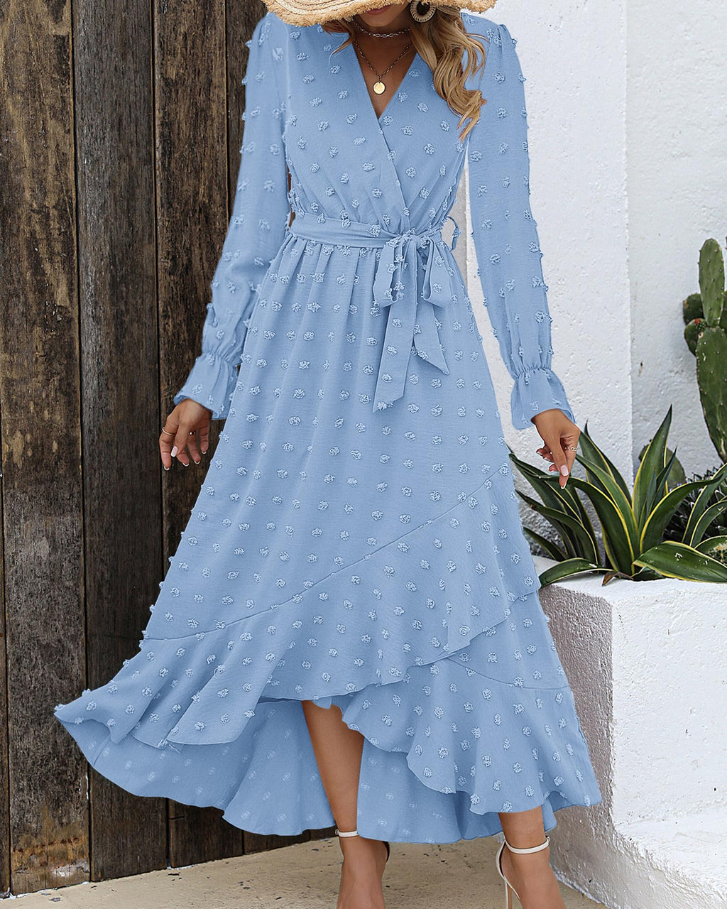 FreshPretty Long Sleeve Maxi Dresses for Women V Neck Swiss Dot Boho Flowy Slit Cocktail Wedding Guest Dress Fall Clothes