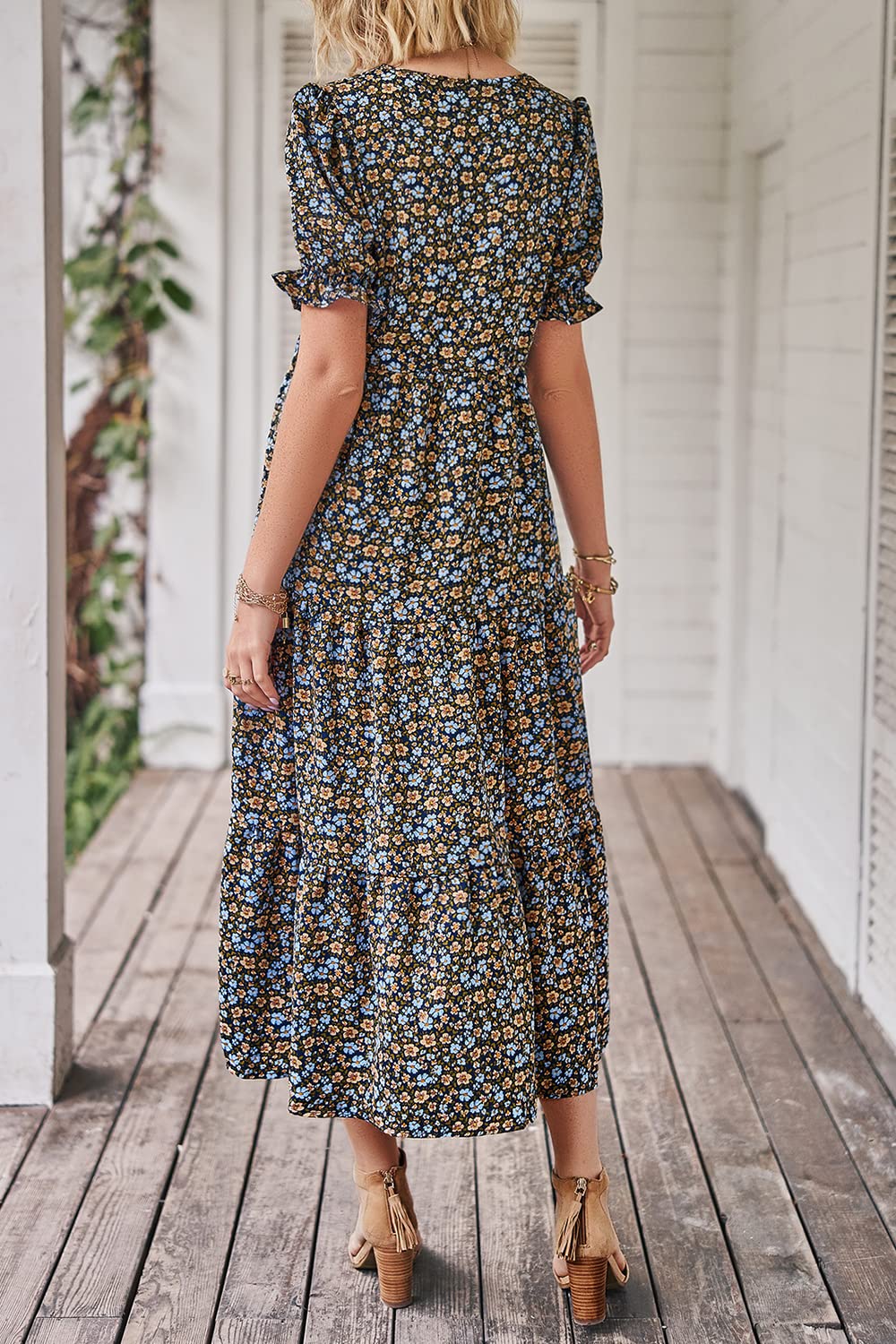 PRETTYGARDEN Summer Dresses for Women Casual Floral Boho Midi Sun Dress Puff Short Sleeve Flowy Beach Vacation Sundress