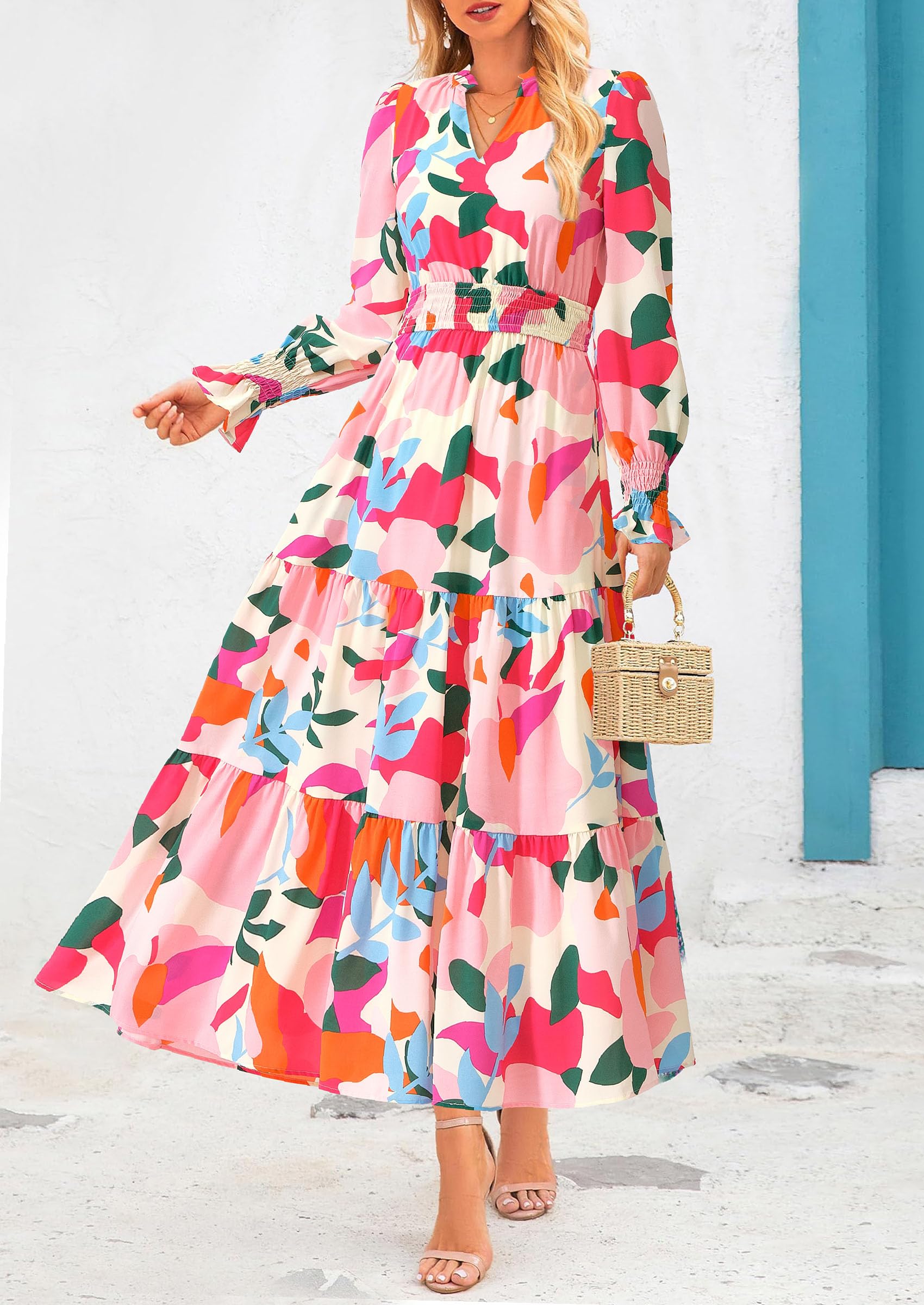 PRETTYGARDEN Women's Floral Maxi Dress Fall Long Sleeve V Neck Casual A Line Long Flowy Boho Party Dresses