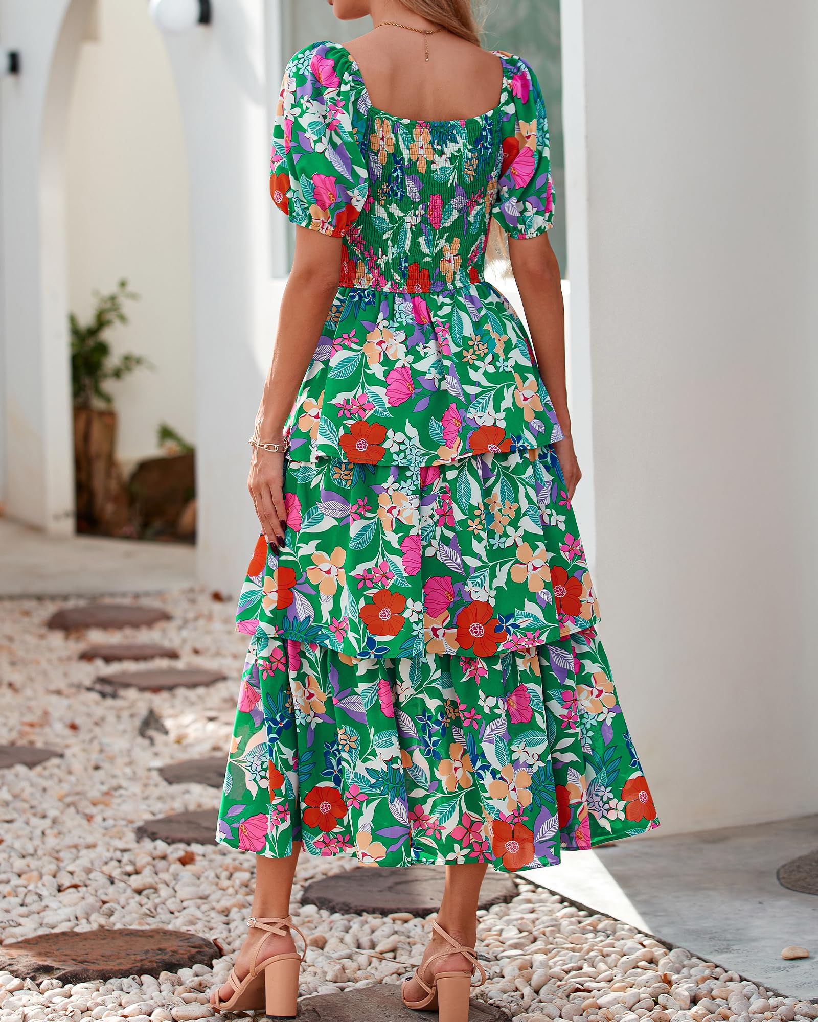 BTFBM Womens Square Neck Smocked Dress Summer Puff Short Sleeve Floral Casual Ruffle Tiered Maxi Wedding Guest Dresses