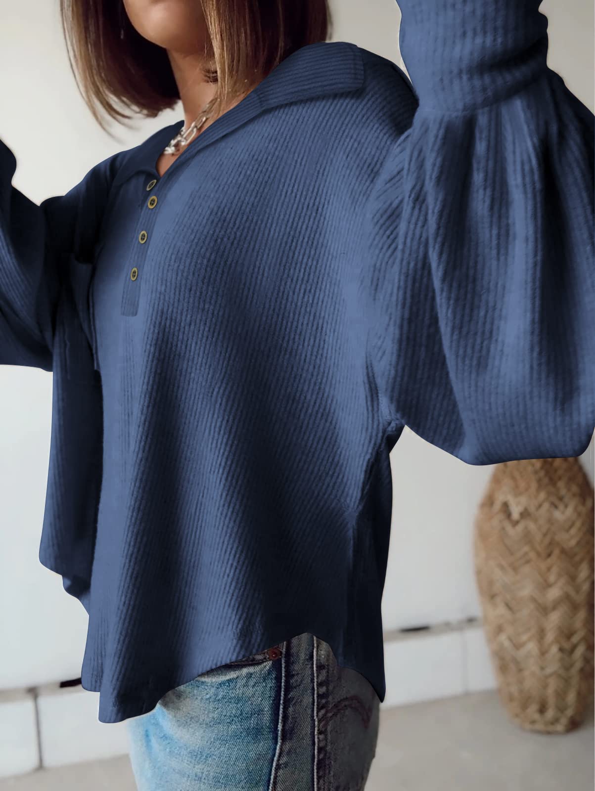 BTFBM Womens Fall Fashion Long Sleeve Shirts Casual V Neck Ribbed Knit Blouses Pullover Trendy Loose Fit Tunic Tops