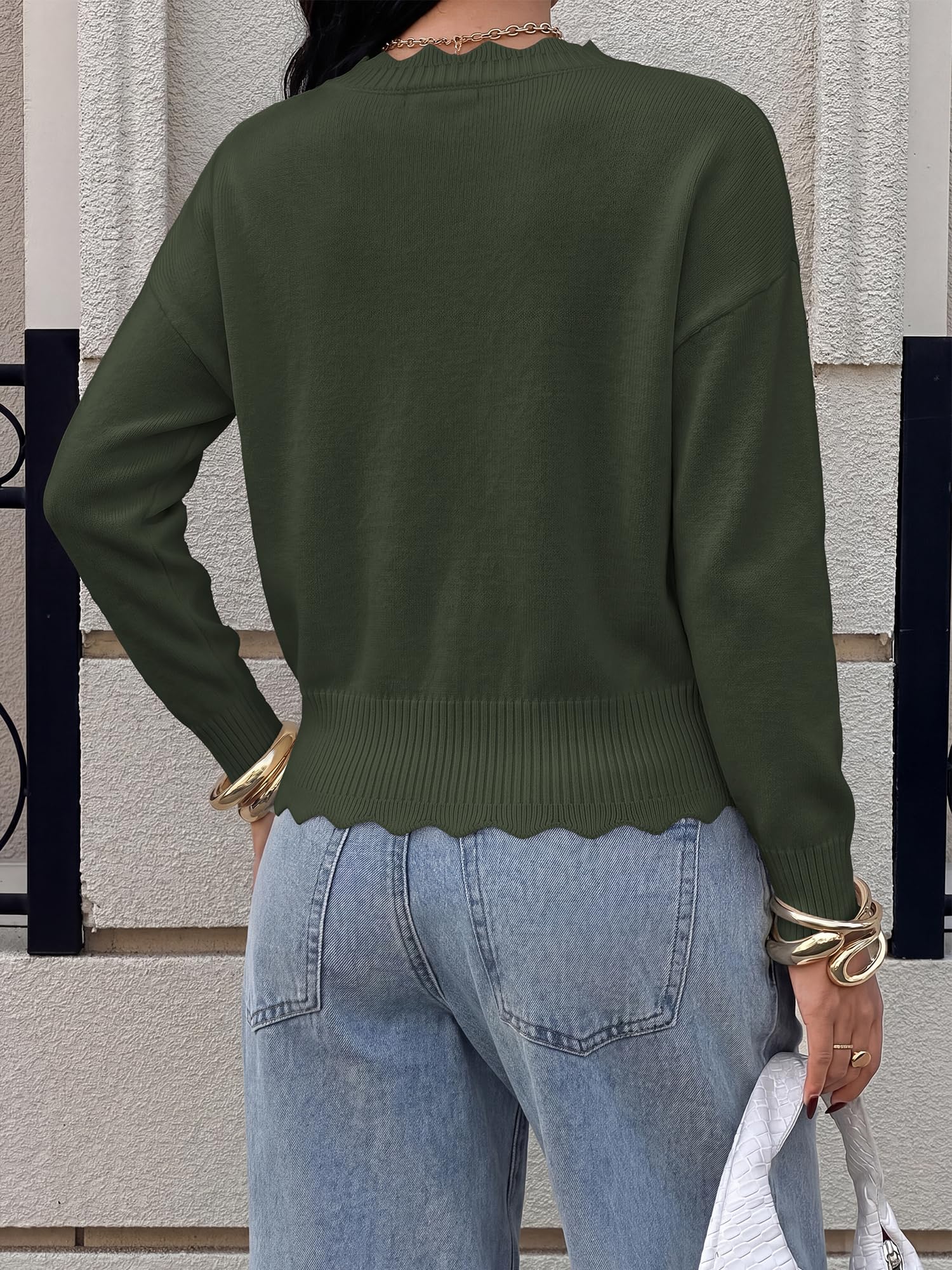 BTFBM Fall Long Sleeve Sweaters for Women | V Neck,Drop Shoulders,Scallop Edges,Lightweight Knit Sweaters Top,Daily Wear,Holiday,Christmas,Winter Clothing