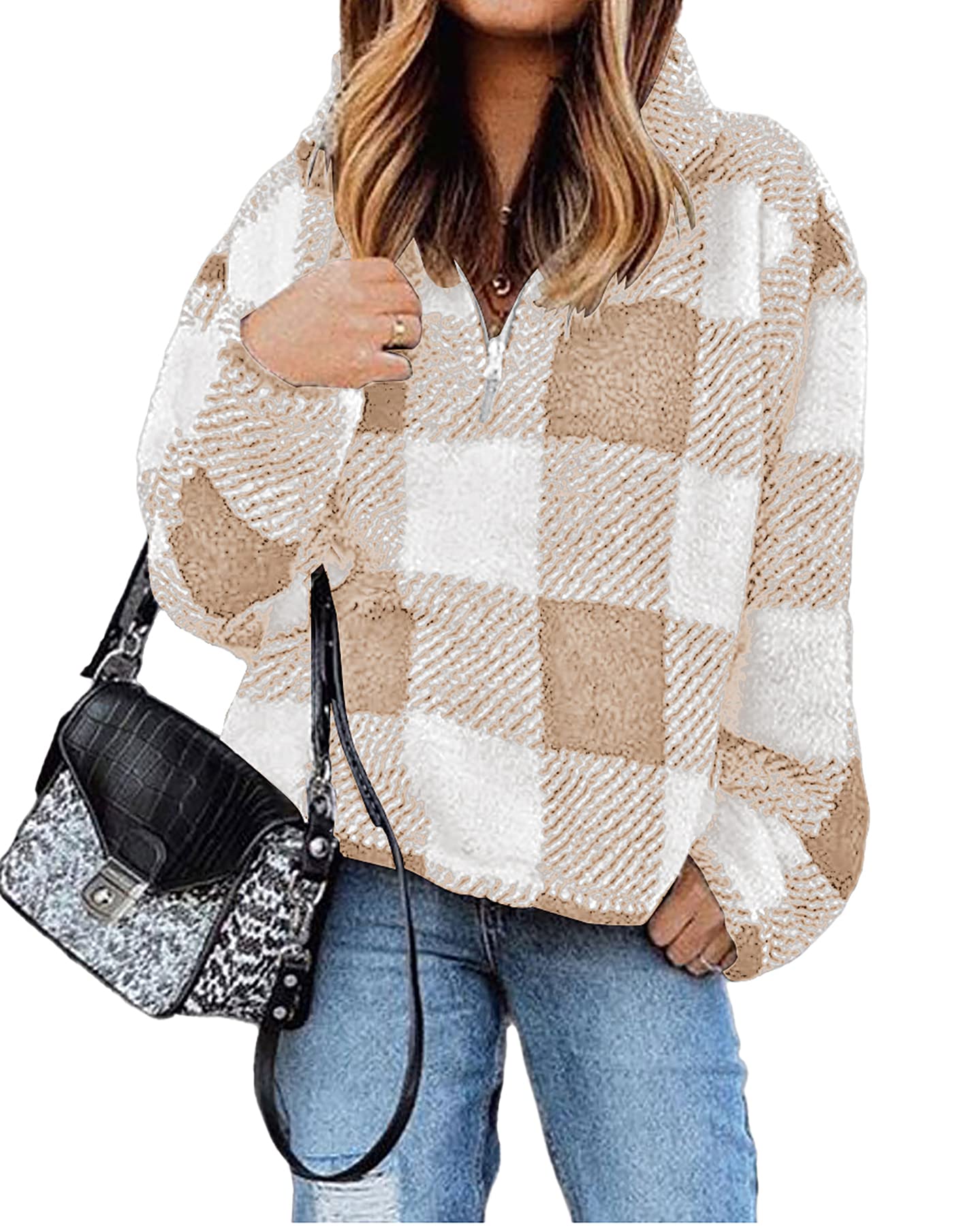 BTFBM Womens Sweatshirt Sherpa Quarter Zip Pullover Fall Winter Long Sleeve Fleece Sweaters Hoodies Sweatshirts Clothes
