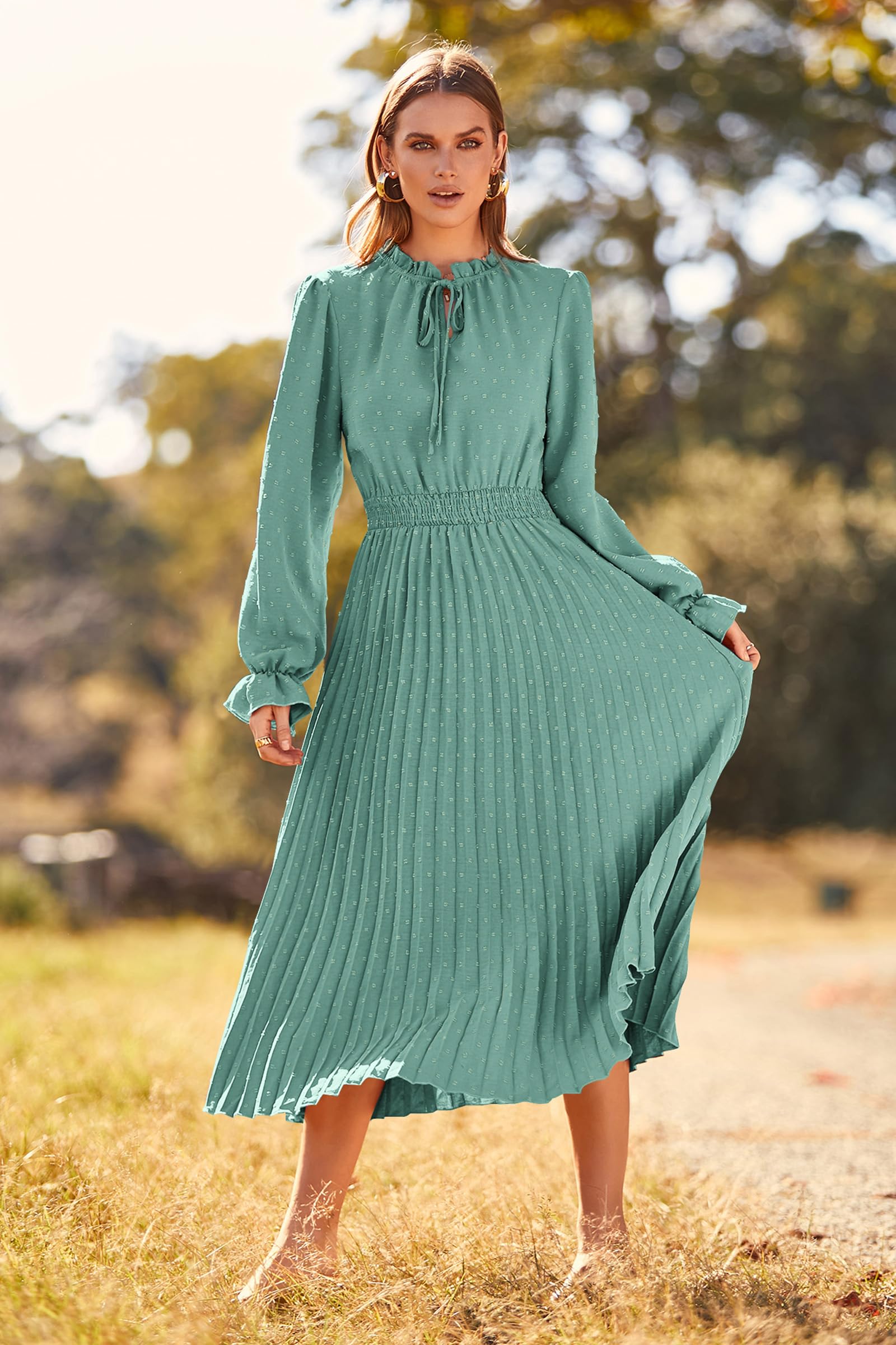 PRETTYGARDEN Women's Spring Fall Midi Dress Casual Long Sleeve V Neck Swiss Dot Pleated A Line Flowy Dresses