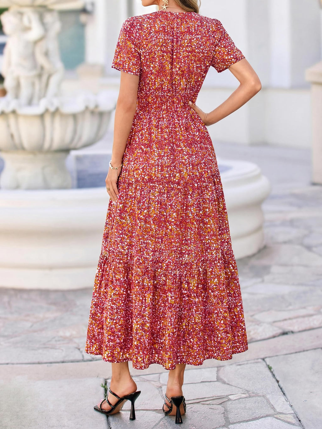 BTFBM Womens Summer Floral Maxi Dresses V Neck Short Sleeve Boho Casual Flowy Long Wedding Guest Dress Beach Vacation