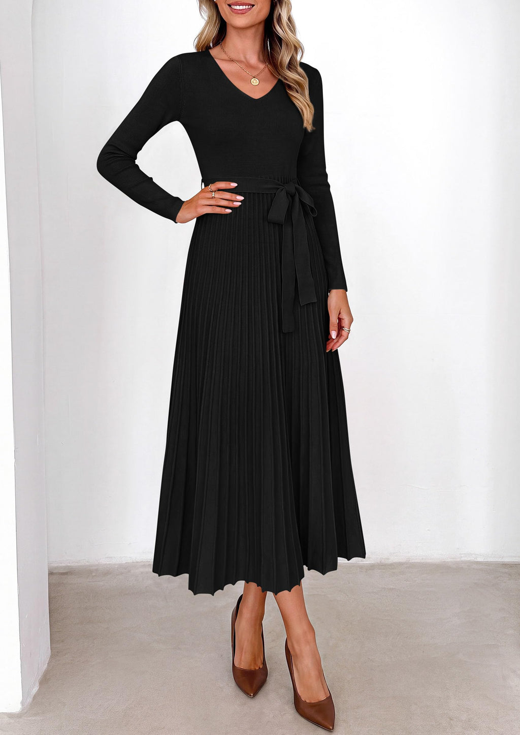 PRETTYGARDEN Womens Fall Maxi Long Sleeve Sweater Dress Soft Stretchy Knit, V Neck A Line Dresses with Bow, Flowy Pleated Hem, Cocktail Party Outfits, Trendy Winter Clothes