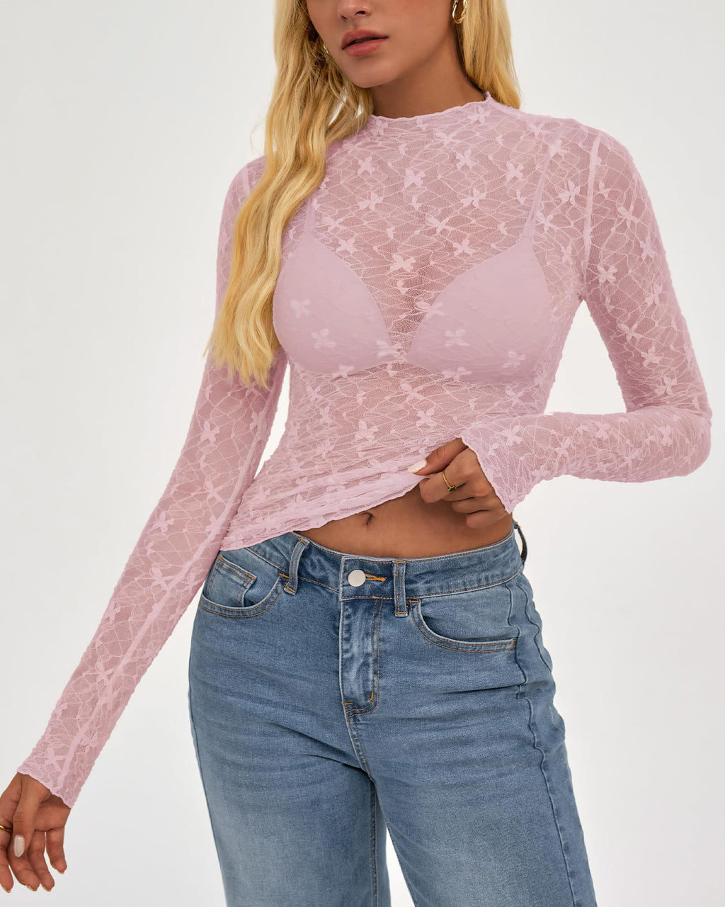 BTFBM Womens Tops Mesh Lace Long Sleeve Tops for Women Spring Fall Sheer See Through Tight Party Club Outfits